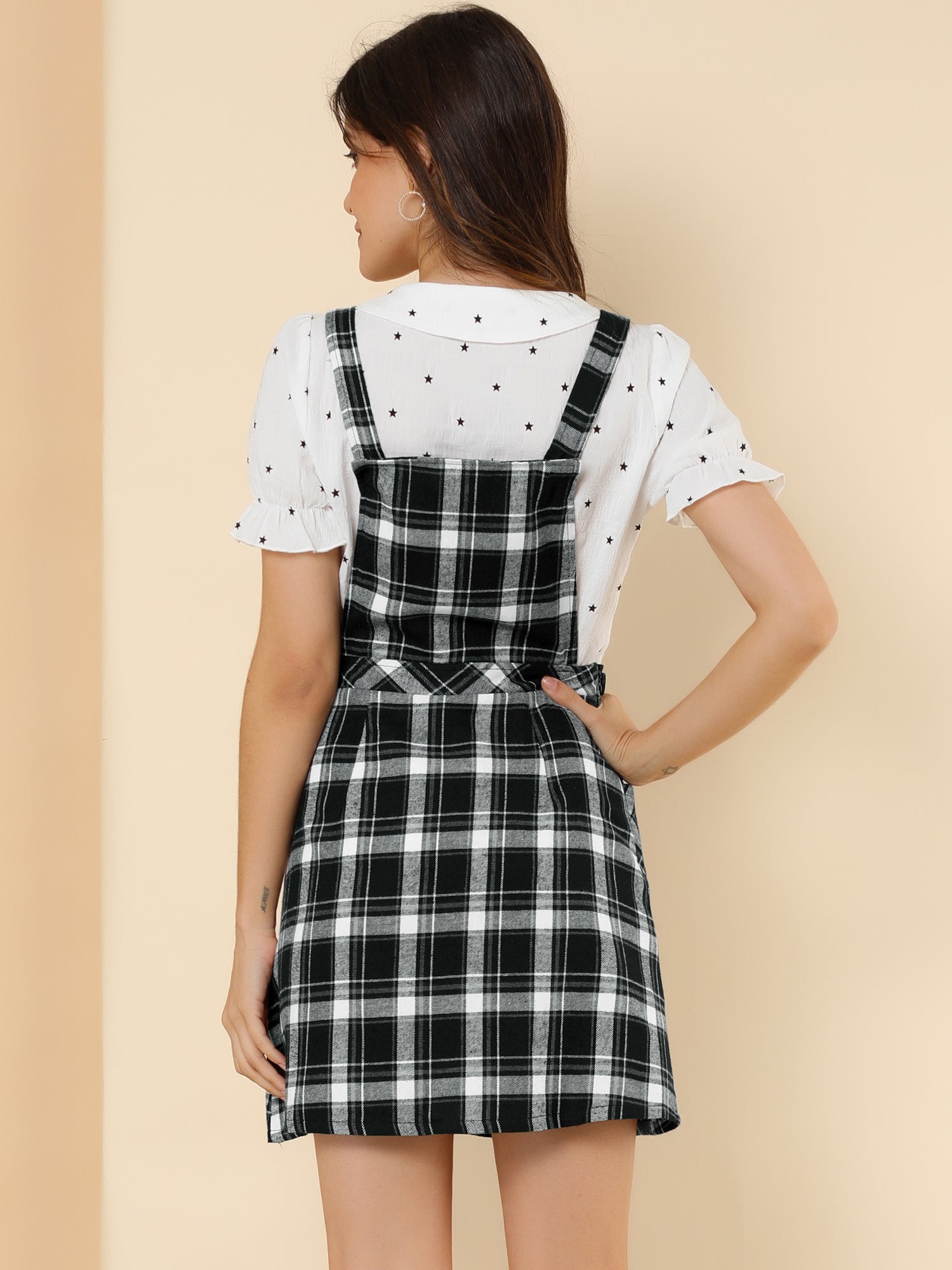 Plaid Tartan Button Decor A-Line Pinafore Overall Dress