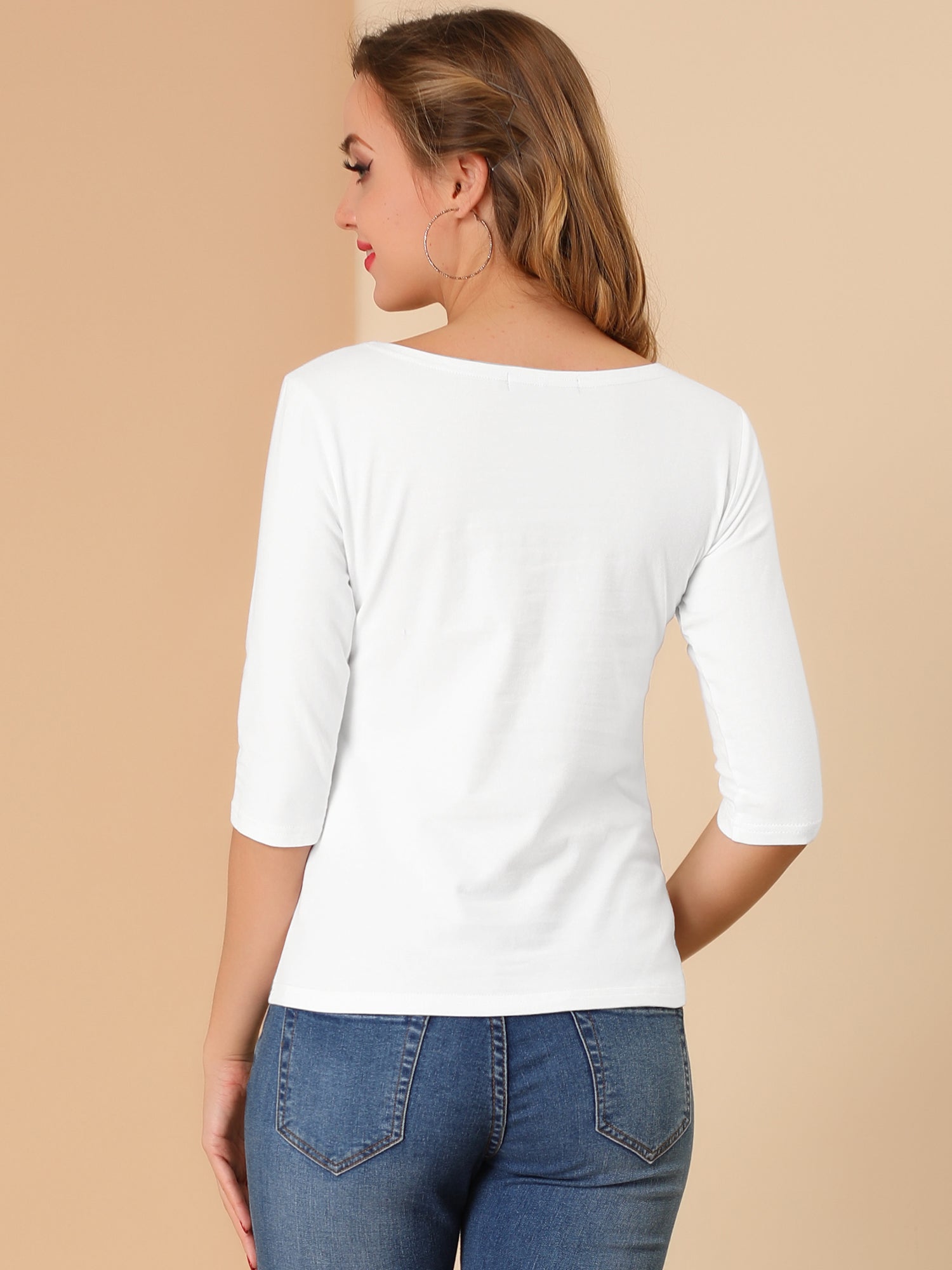Casual Boat Neck 3/4 Sleeve Solid Basic T-shirt
