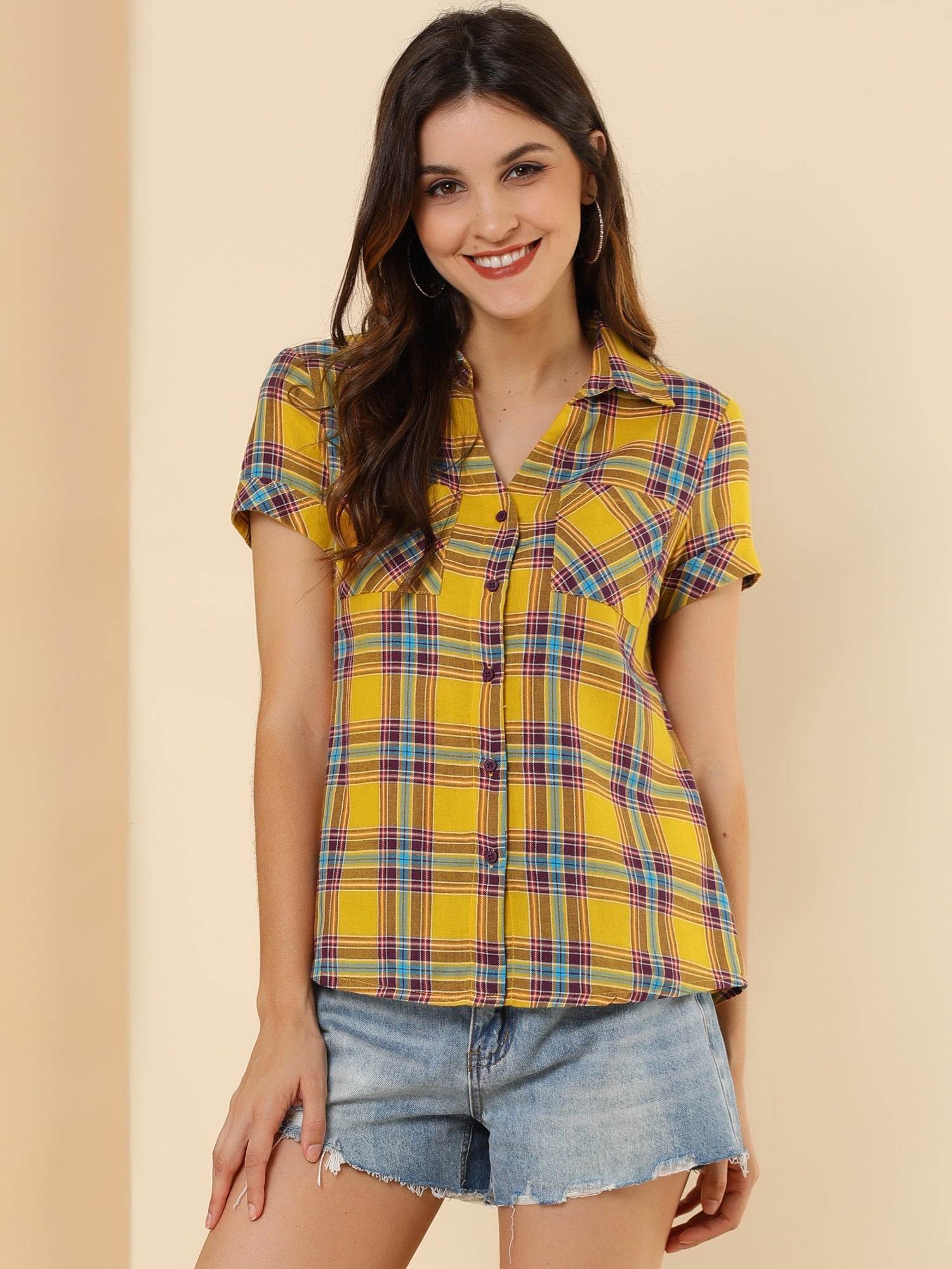 Classic Plaid Button Down Short Sleeve Shirt