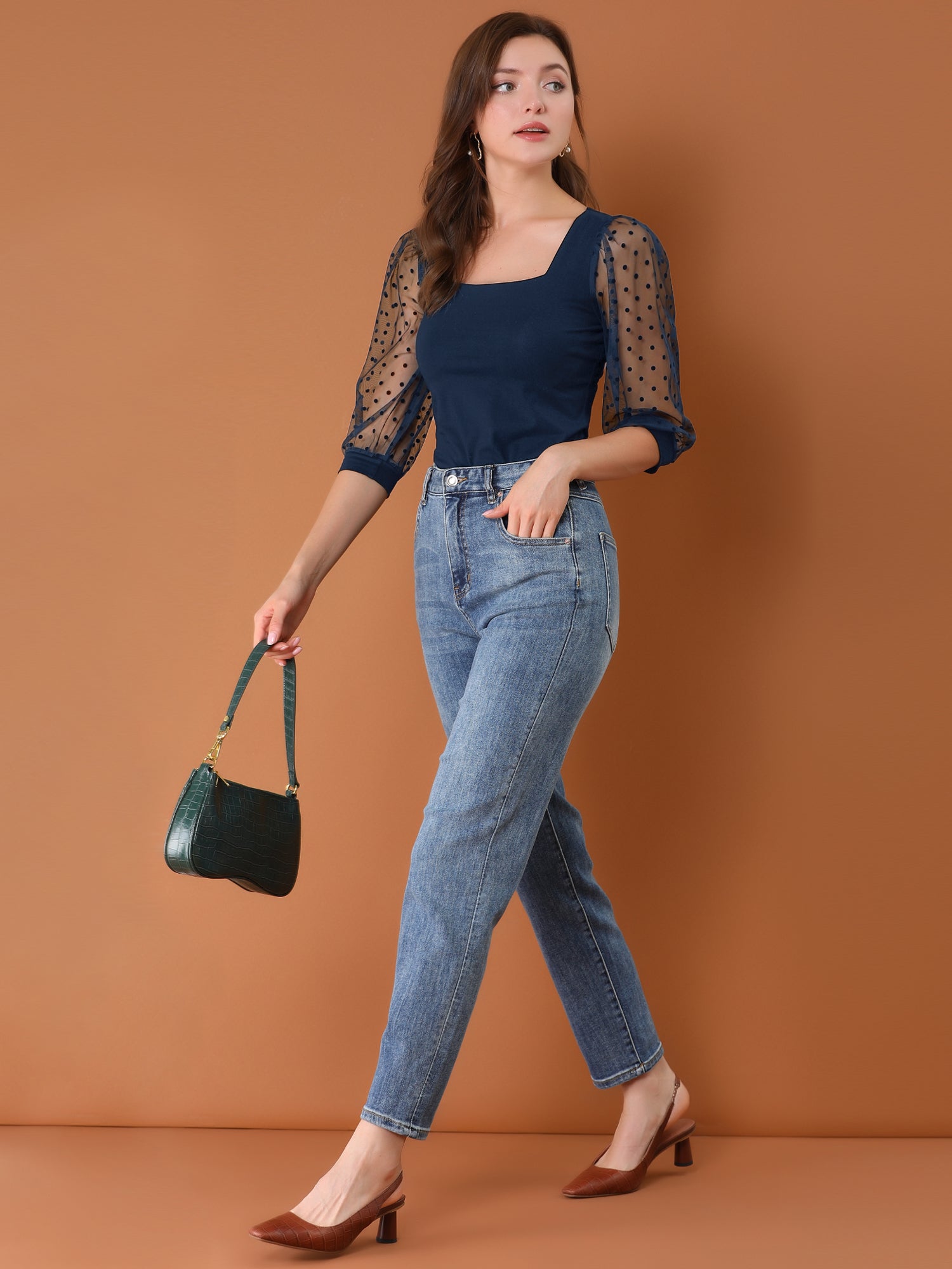 Retro Square Neck Tops Slim Fit Semi Sheer 3/4 Mesh Sleeve Top