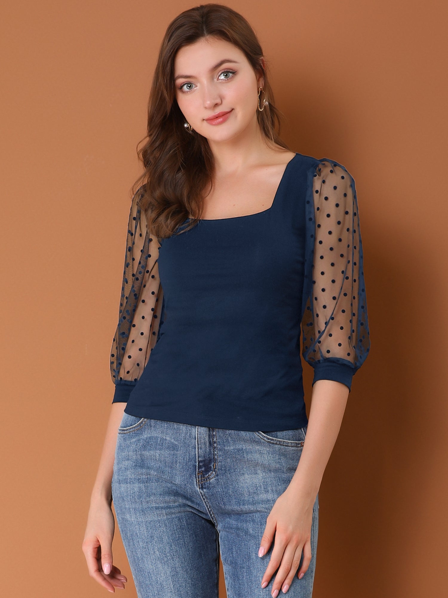 Retro Square Neck Tops Slim Fit Semi Sheer 3/4 Mesh Sleeve Top