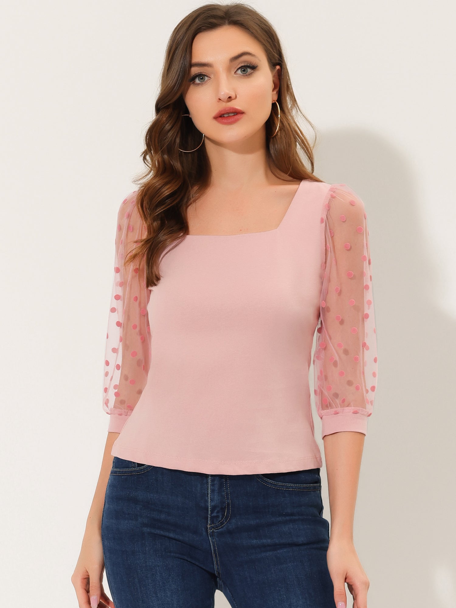 Retro Square Neck Tops Slim Fit Semi Sheer 3/4 Mesh Sleeve Top