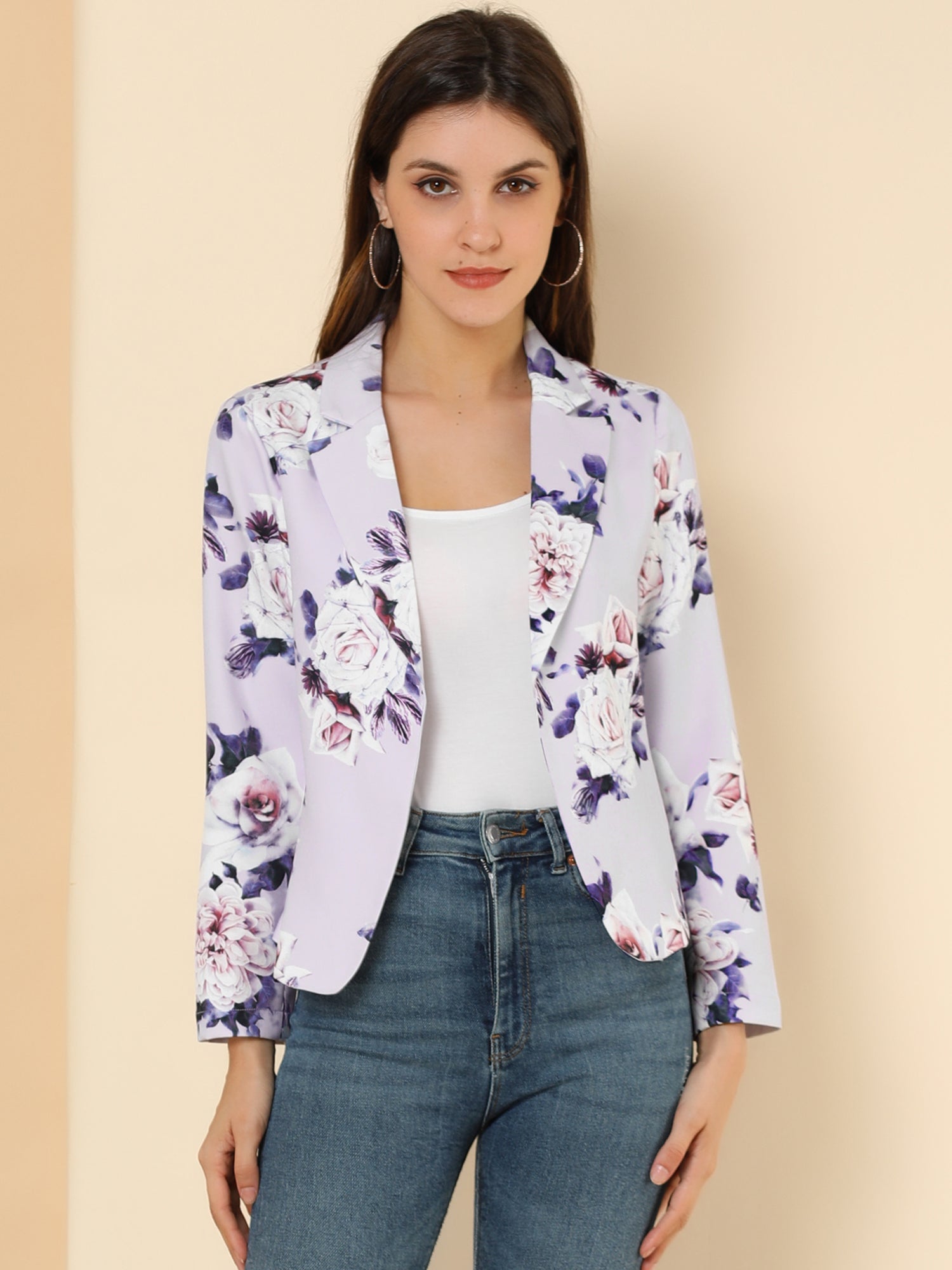 Open Front Floral Work Business Crop Blazer Jacket