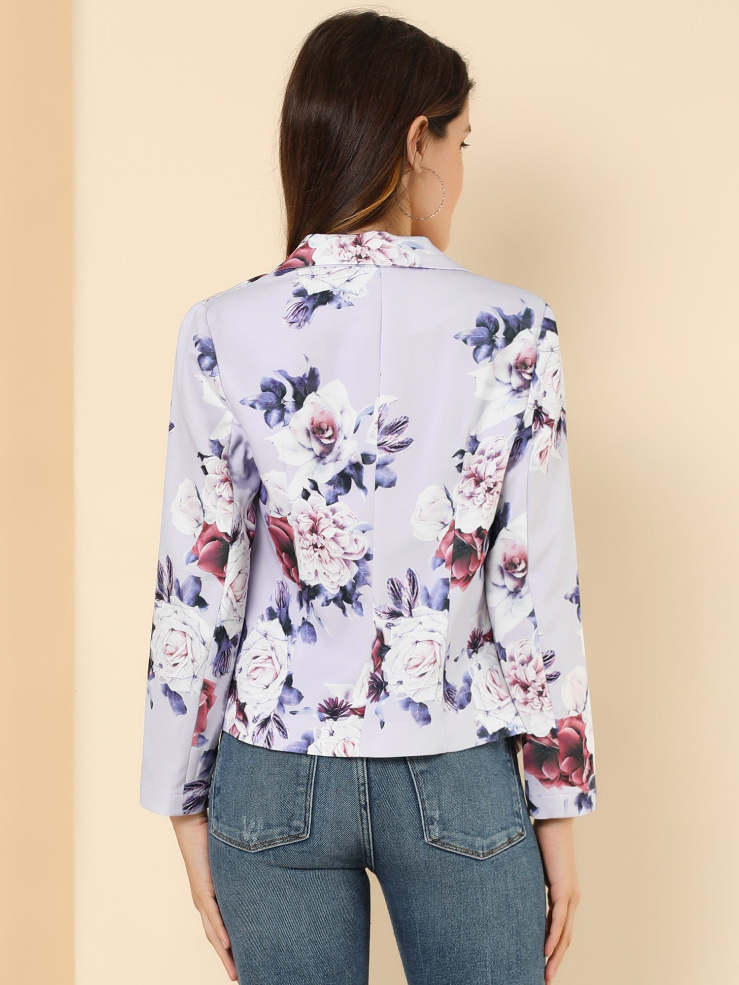 Open Front Floral Work Business Crop Blazer Jacket