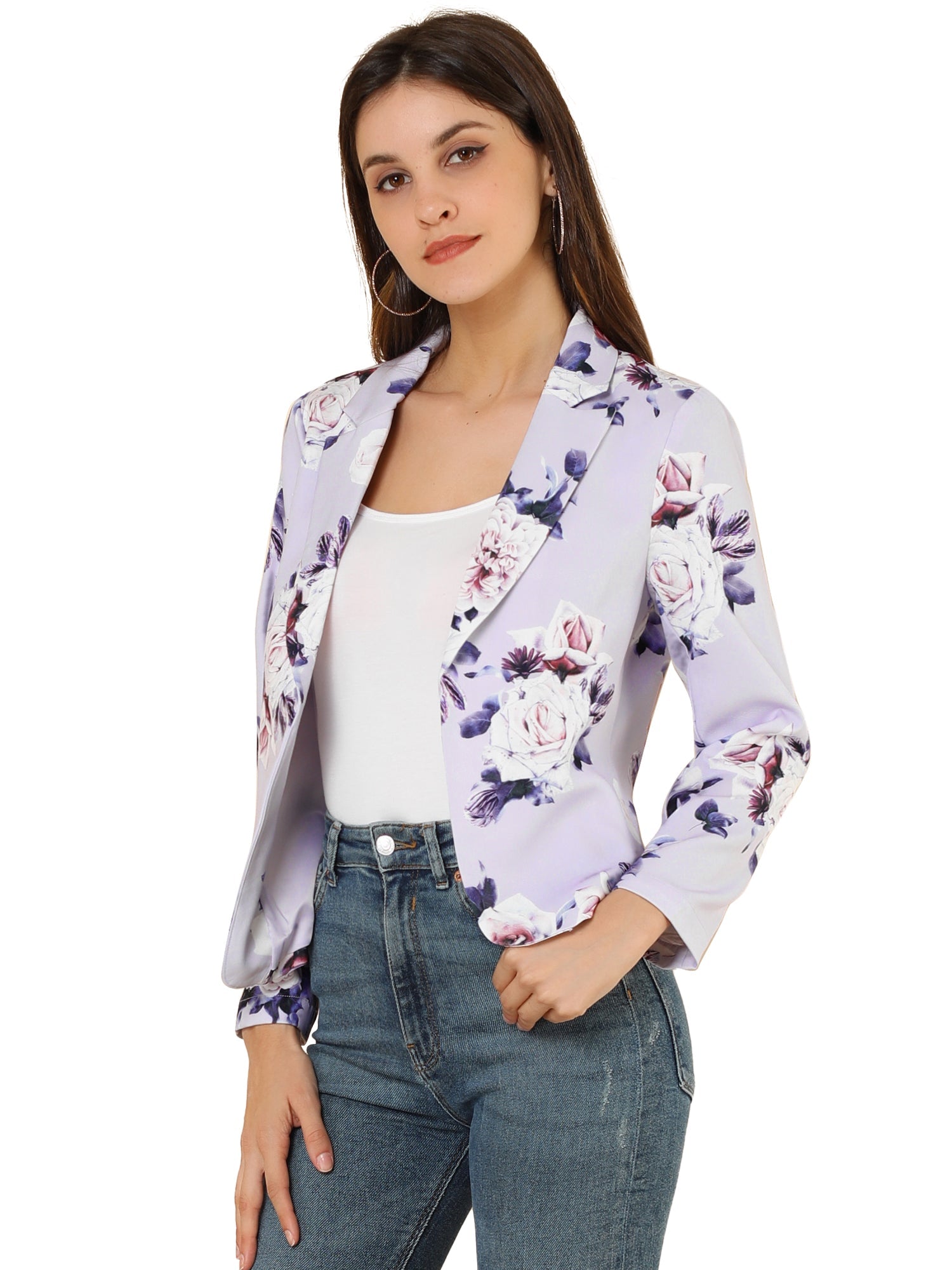 Open Front Floral Work Business Crop Blazer Jacket