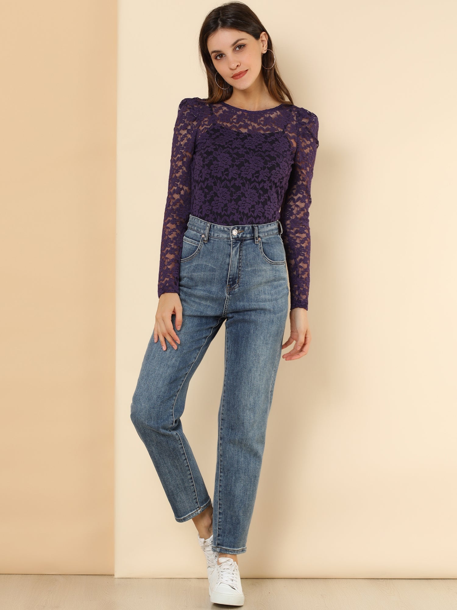 Retro Semi Sheer Puff Long Sleeve Embroidery Lace Blouse
