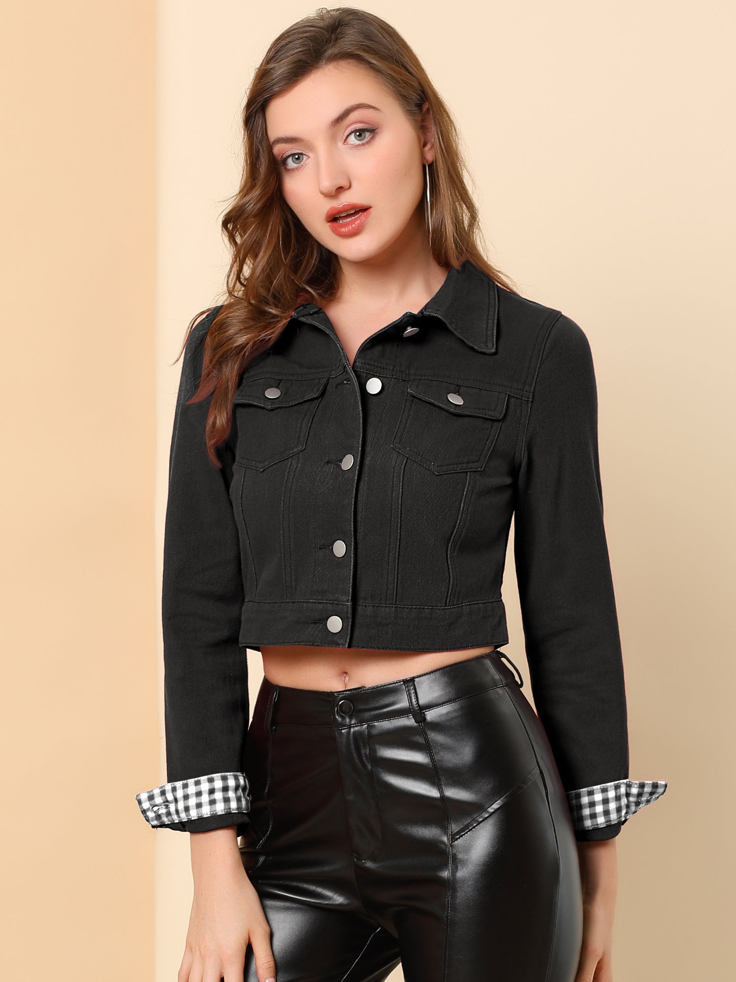Button Down Long Sleeve Casual Cropped Denim Jacket