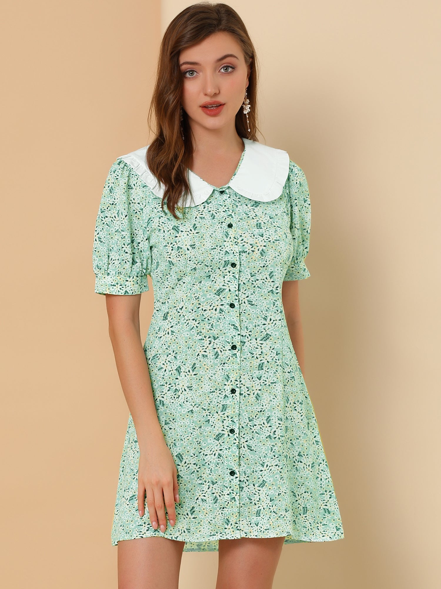 Peter Pan Collar Flowy Short Sleeve Ruffle Summer Floral Shirt Dress