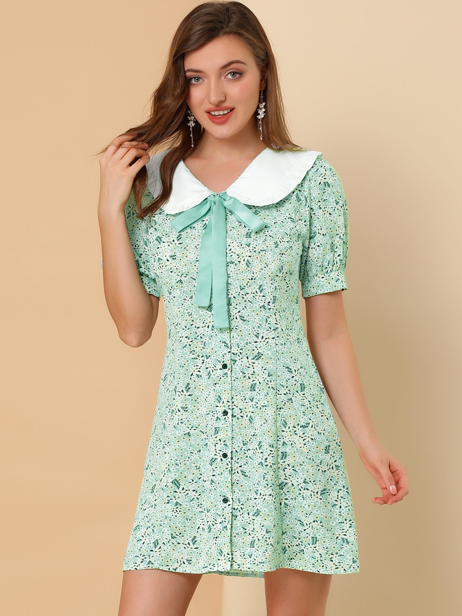 Peter Pan Collar Flowy Short Sleeve Ruffle Summer Floral Shirt Dress