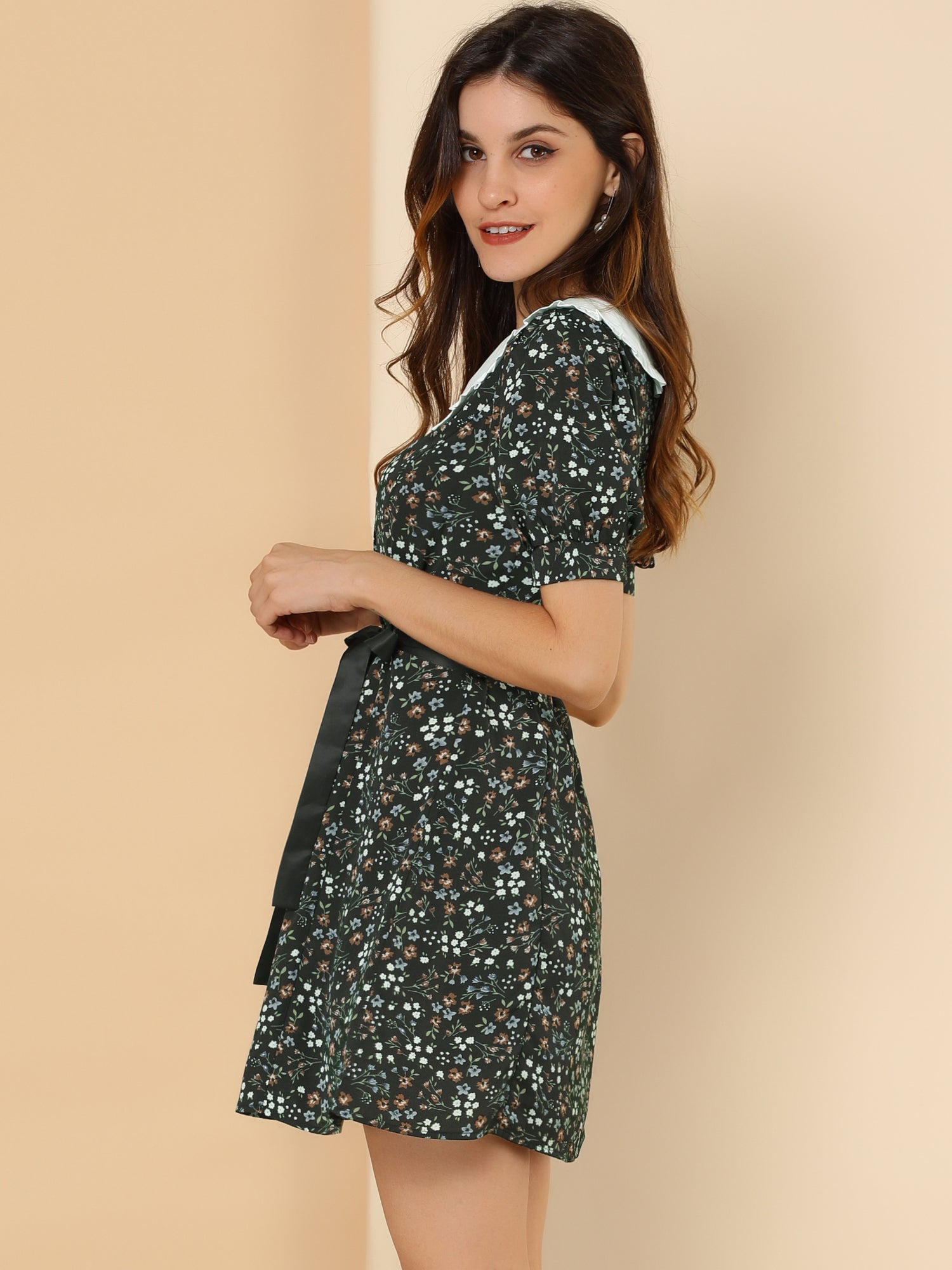 Peter Pan Collar Flowy Short Sleeve Ruffle Summer Floral Shirt Dress