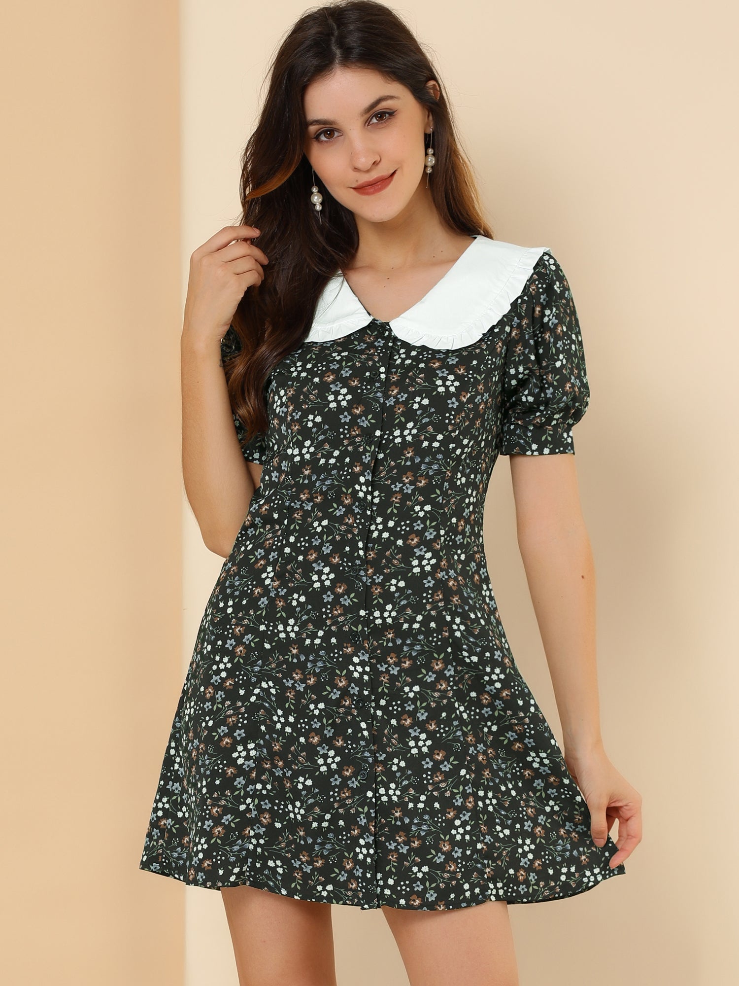Peter Pan Collar Flowy Short Sleeve Ruffle Summer Floral Shirt Dress