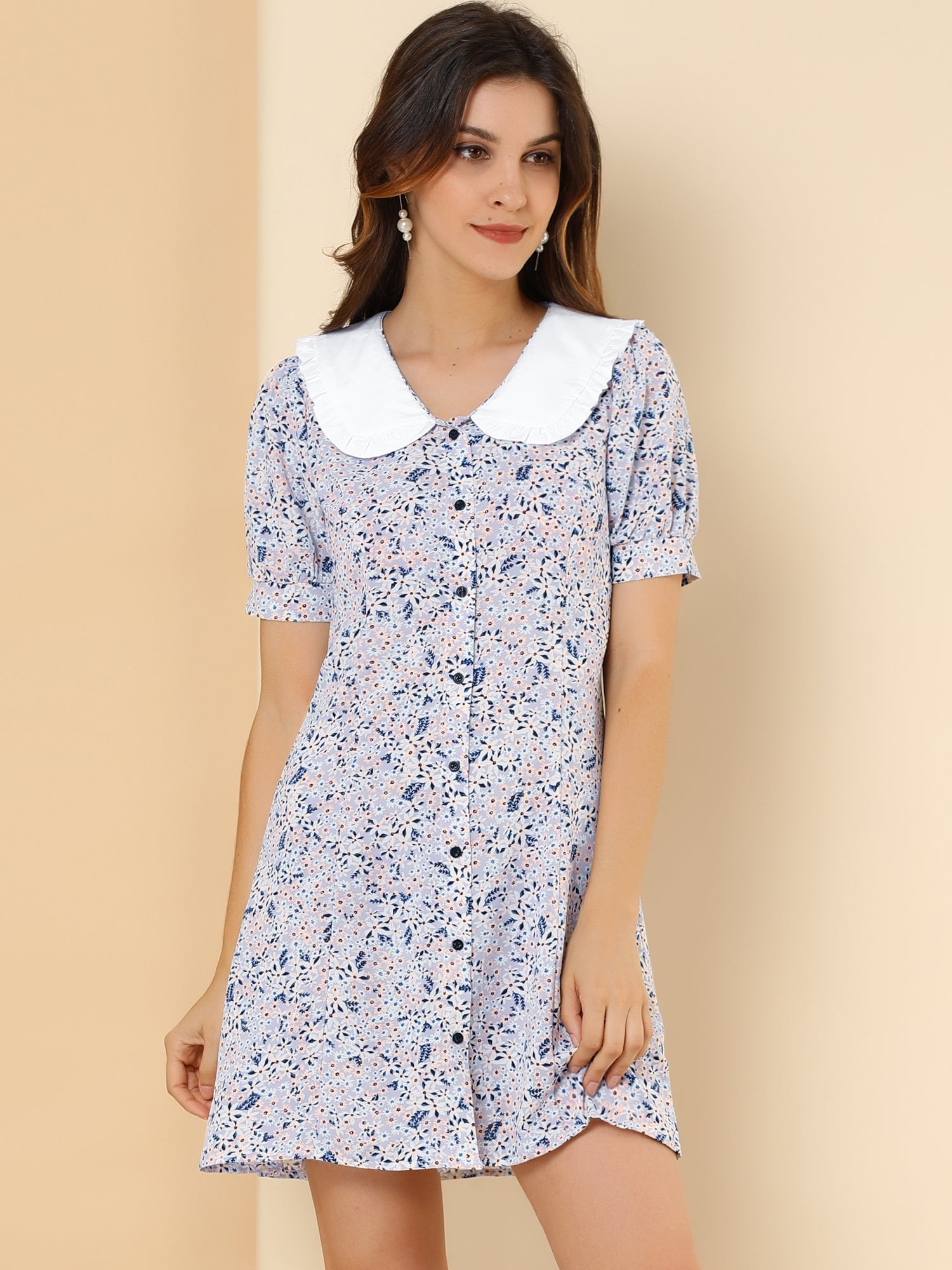 Peter Pan Collar Flowy Short Sleeve Ruffle Summer Floral Shirt Dress