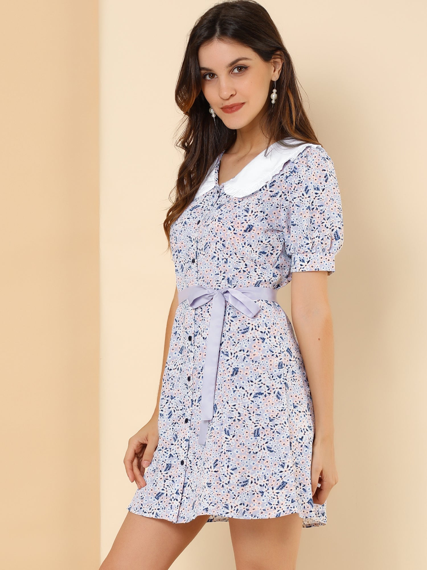 Peter Pan Collar Flowy Short Sleeve Ruffle Summer Floral Shirt Dress