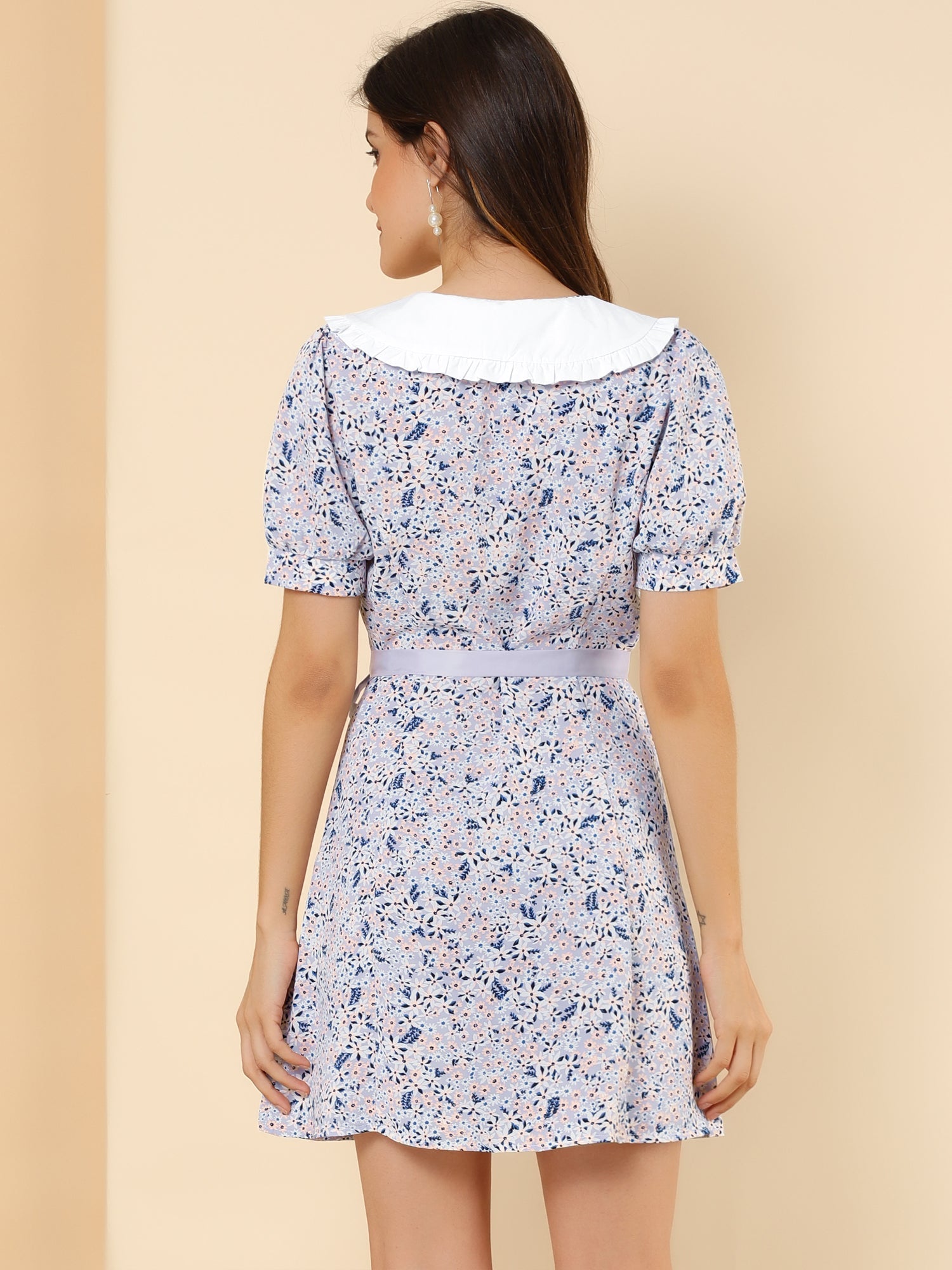 Peter Pan Collar Flowy Short Sleeve Ruffle Summer Floral Shirt Dress
