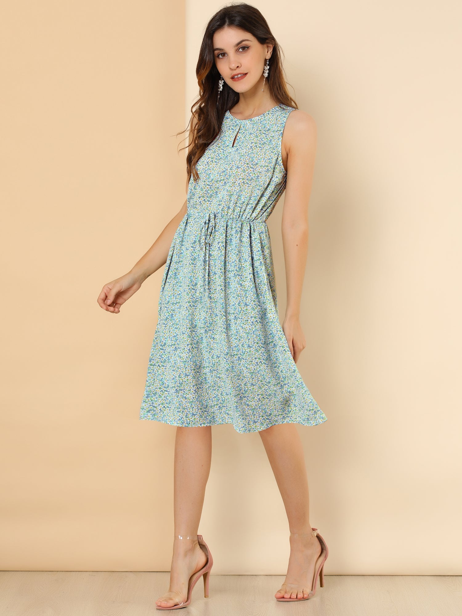 Floral Drawstring Waist Sleeveless A-Line Midi Dress Sundress