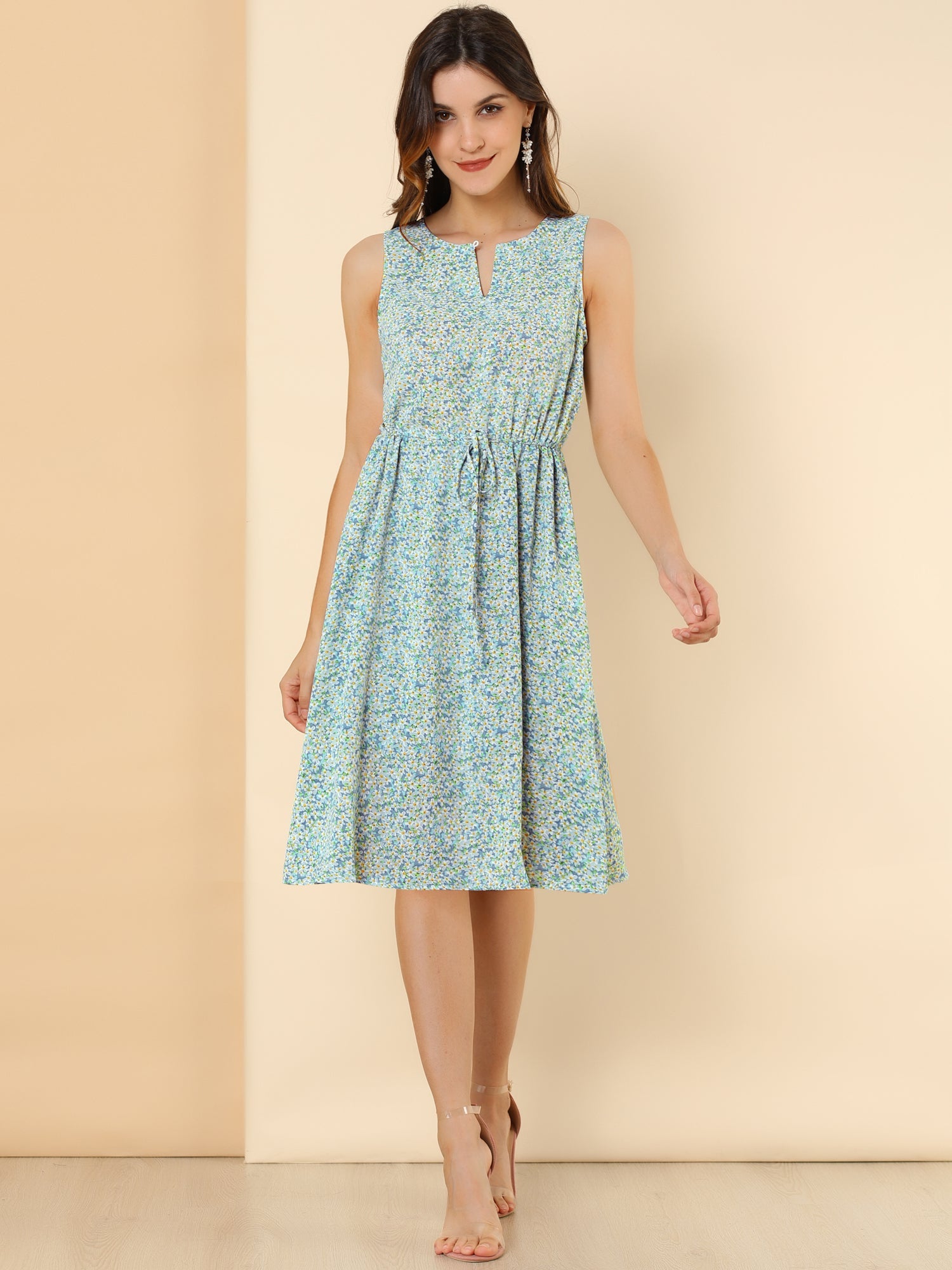 Floral Drawstring Waist Sleeveless A-Line Midi Dress Sundress