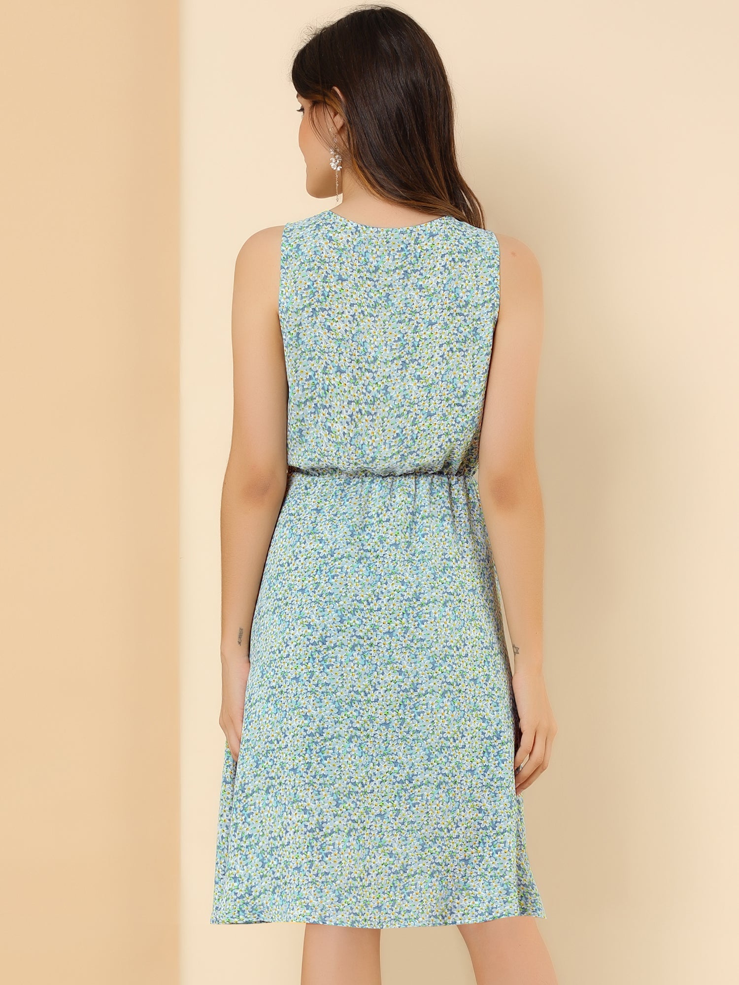 Floral Drawstring Waist Sleeveless A-Line Midi Dress Sundress