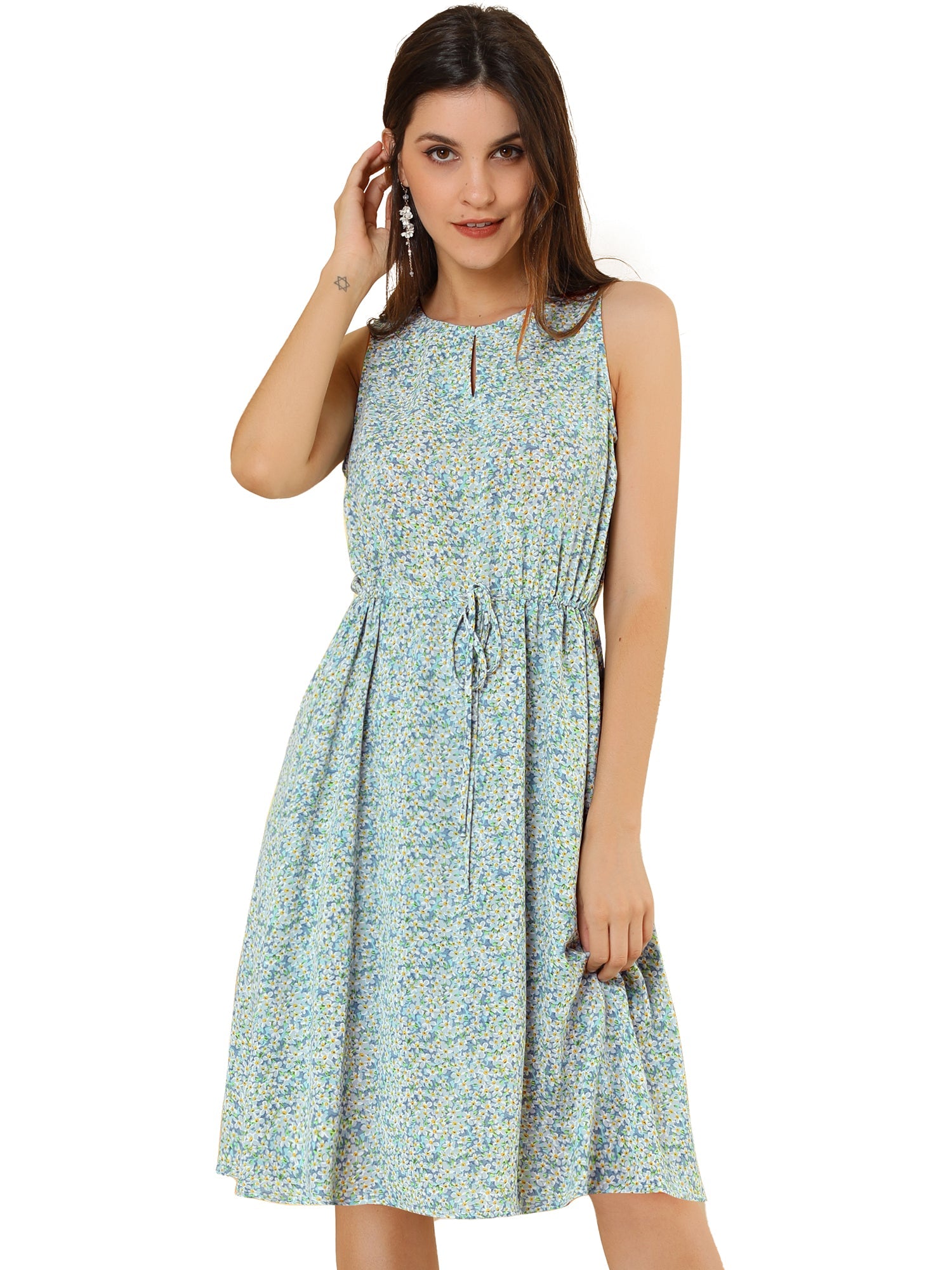 Floral Drawstring Waist Sleeveless A-Line Midi Dress Sundress