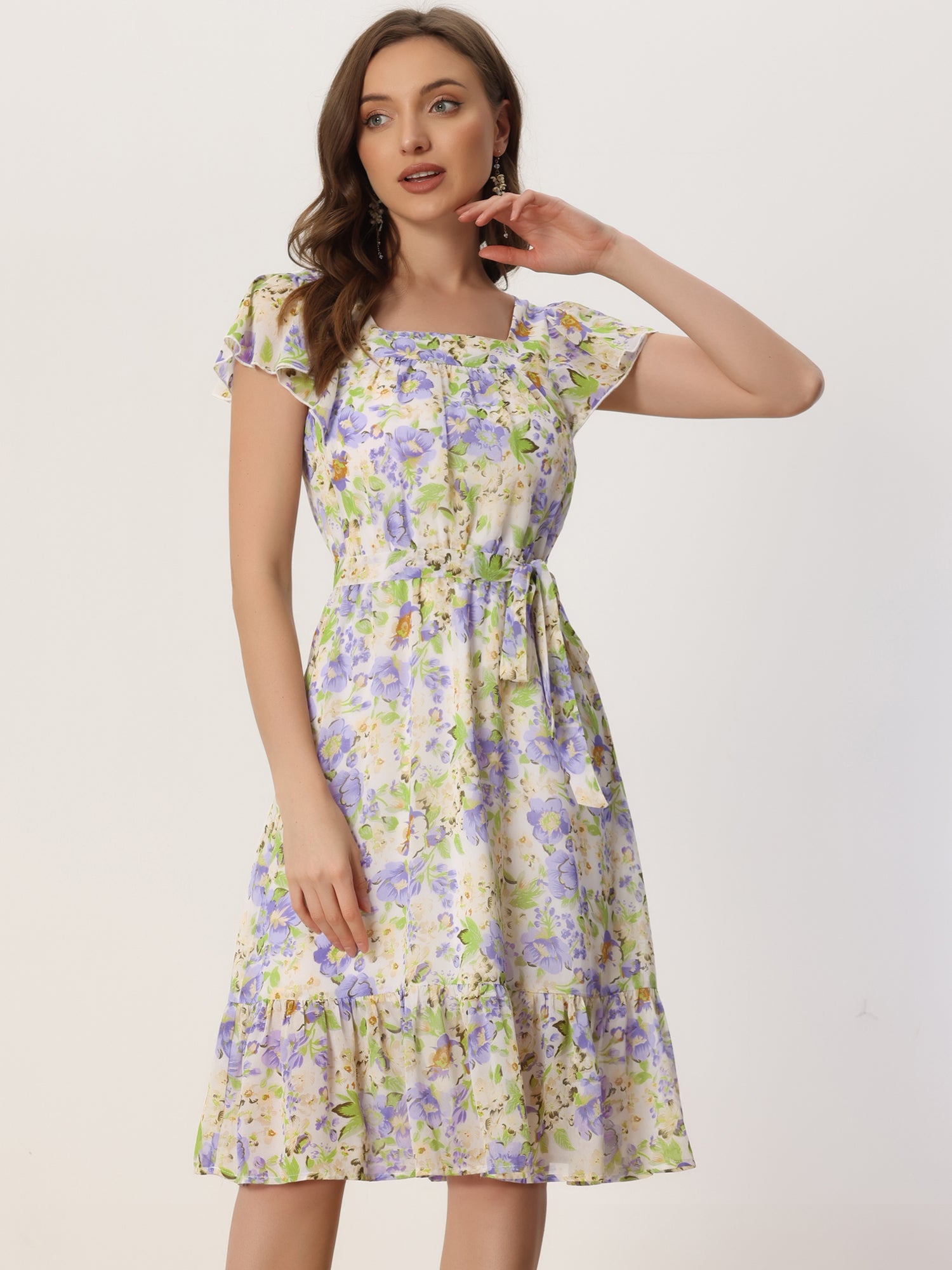 Floral Chiffon Flutter Sleeve Belted Square Neck Ruffled Hem Dress