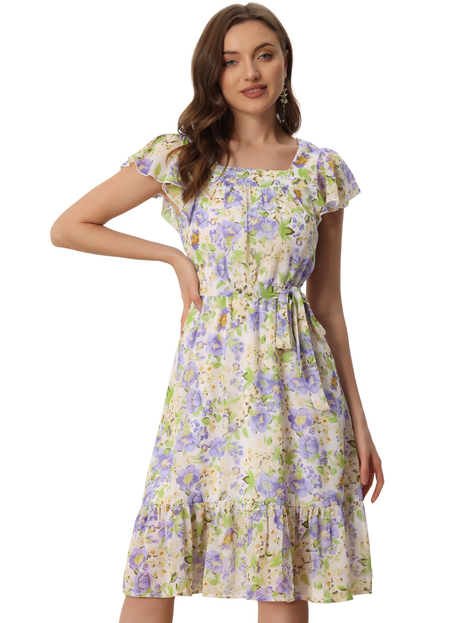 Floral Chiffon Flutter Sleeve Belted Square Neck Ruffled Hem Dress