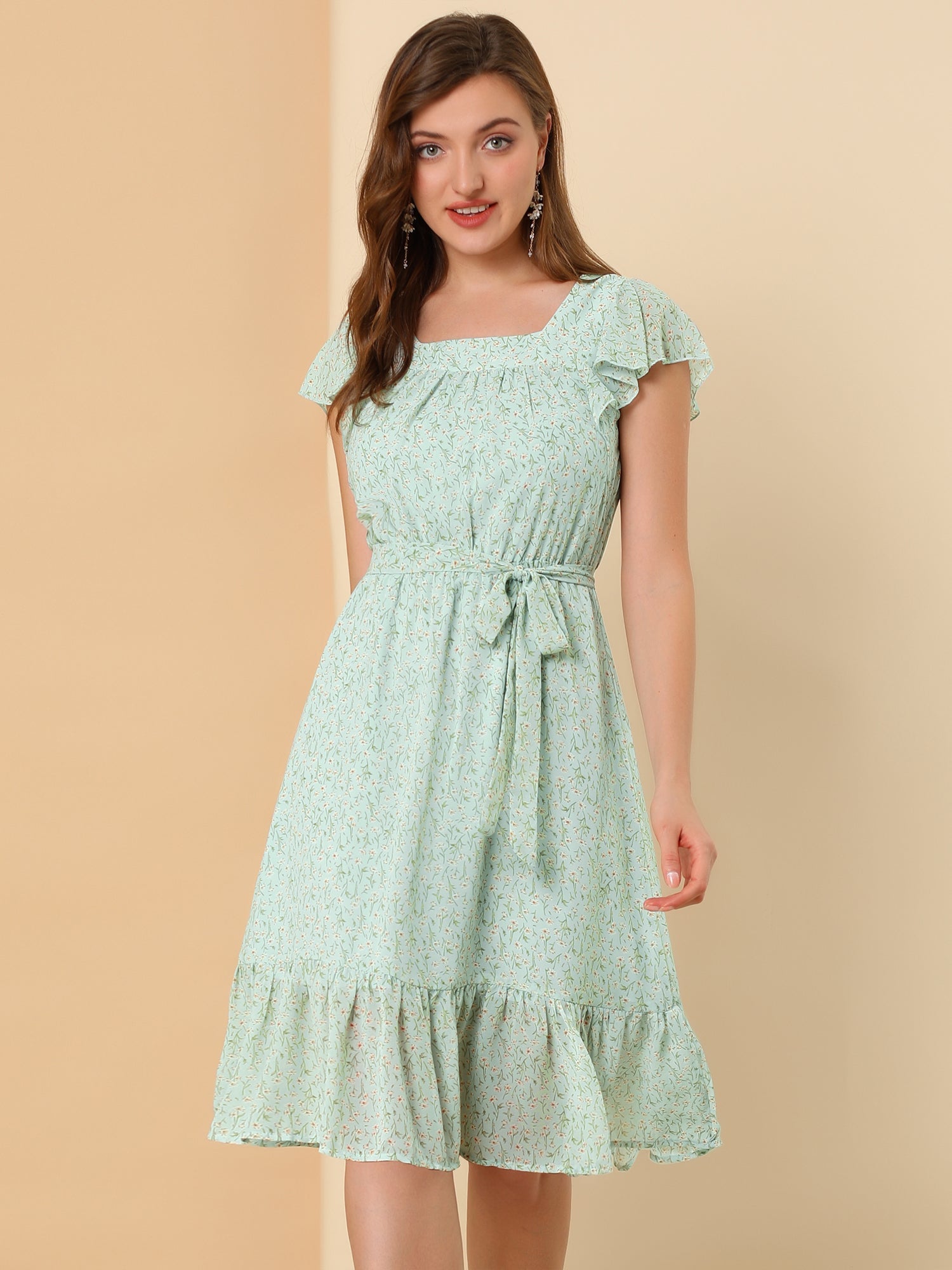 Floral Chiffon Flutter Sleeve Belted Square Neck Ruffled Hem Dress