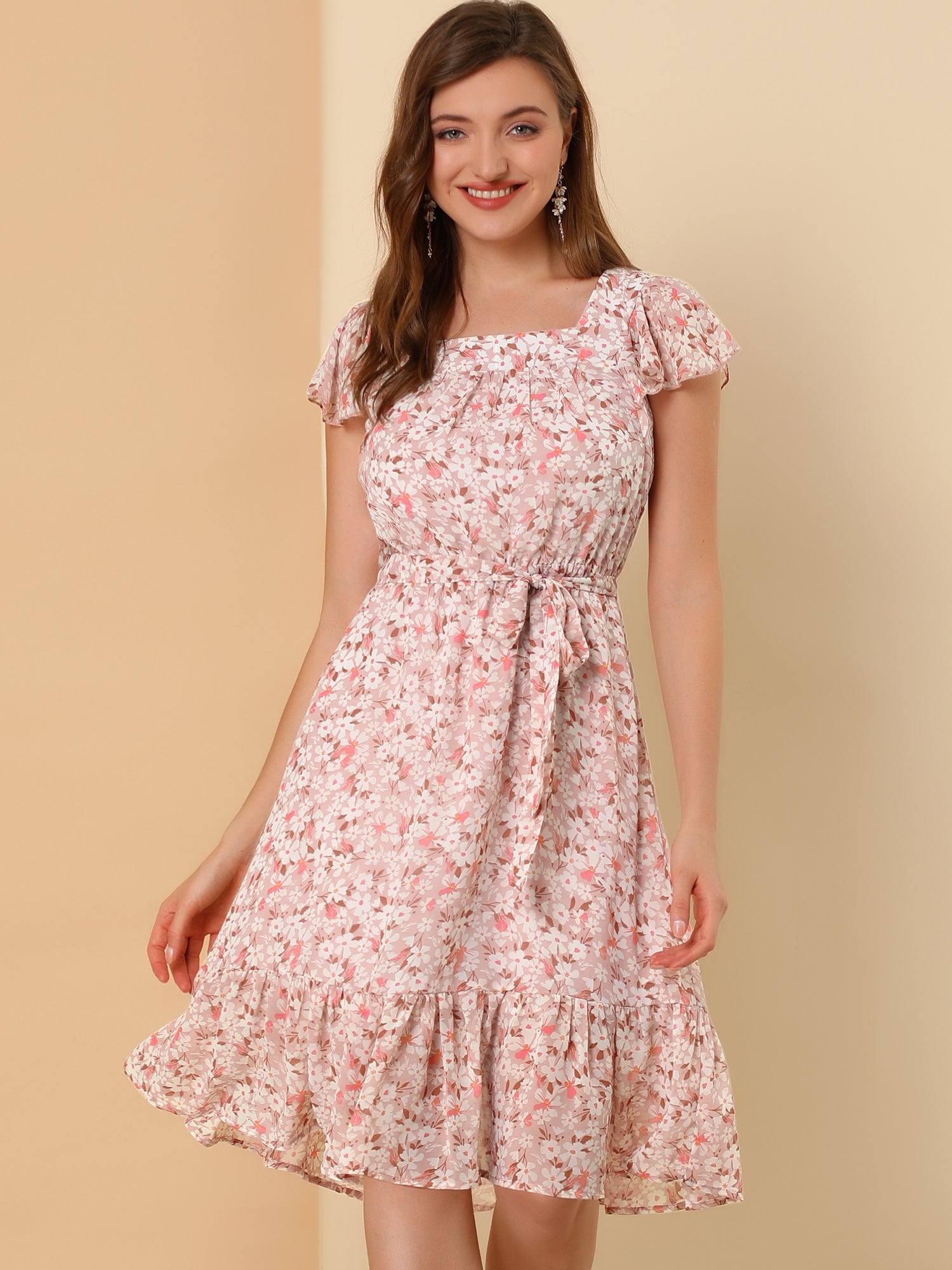 Floral Chiffon Flutter Sleeve Belted Square Neck Ruffled Hem Dress