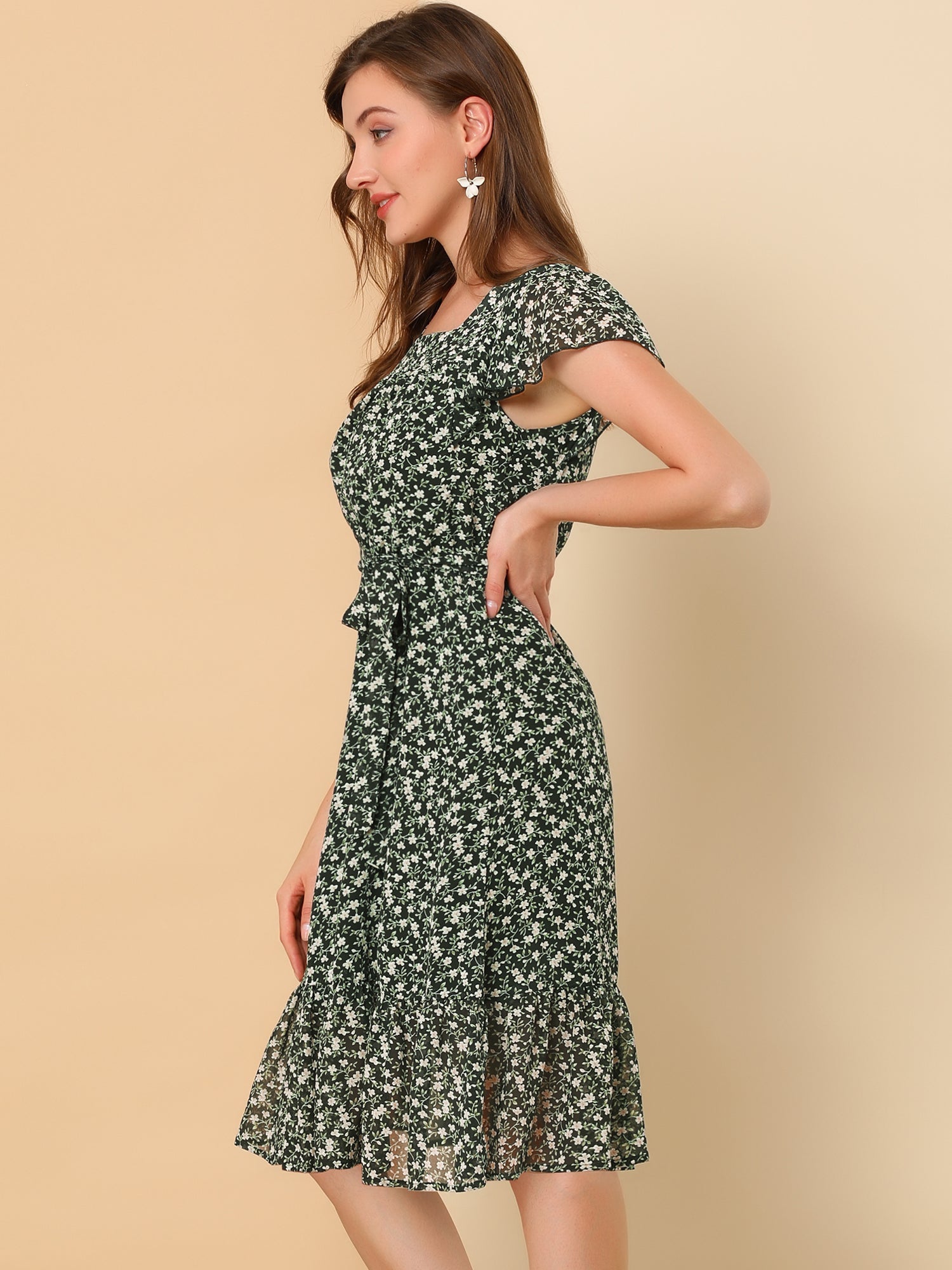 Floral Chiffon Flutter Sleeve Belted Square Neck Ruffled Hem Dress
