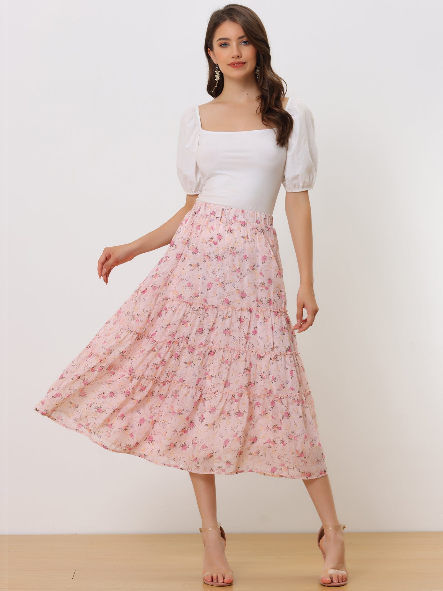 Ruffle Boho Chiffon Floral Printed Long Tiered Midi Skirt
