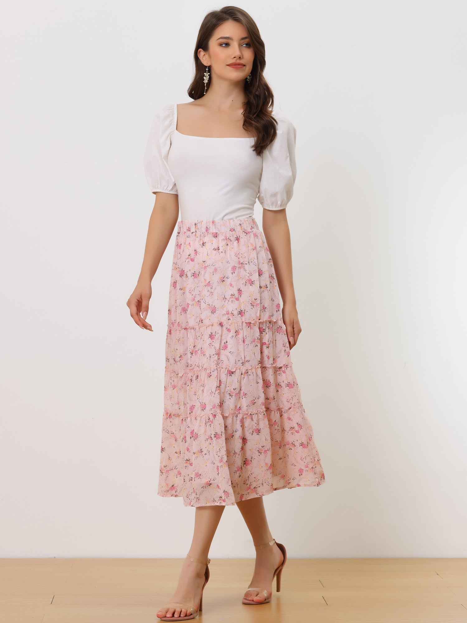 Ruffle Boho Chiffon Floral Printed Long Tiered Midi Skirt