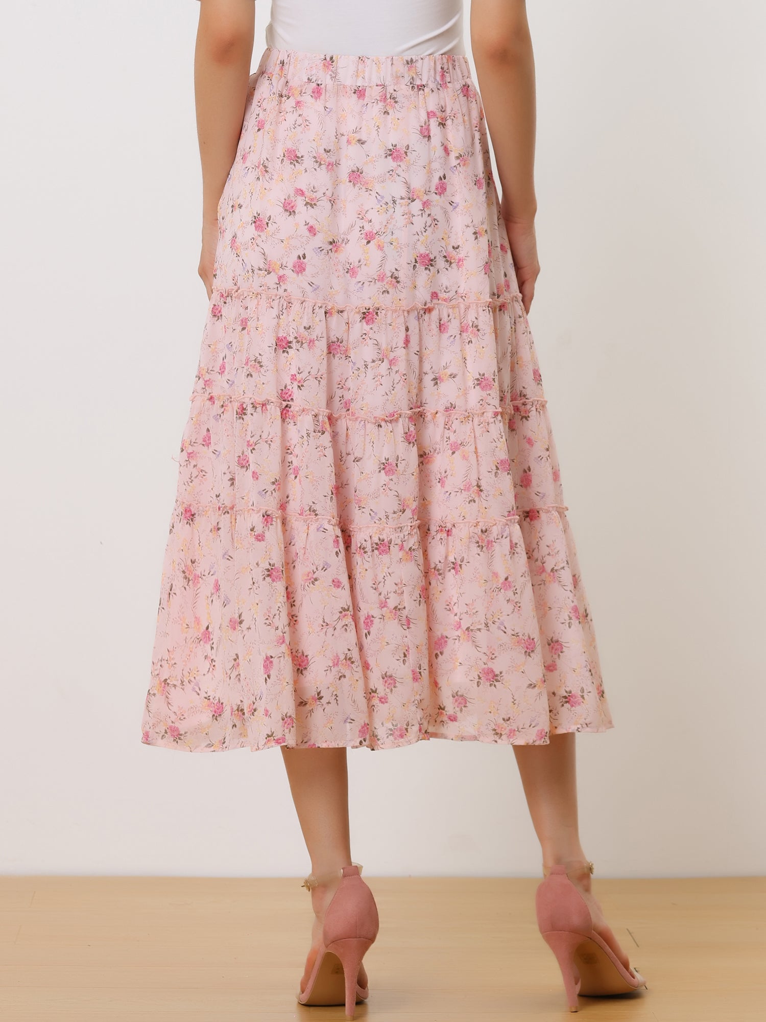 Ruffle Boho Chiffon Floral Printed Long Tiered Midi Skirt