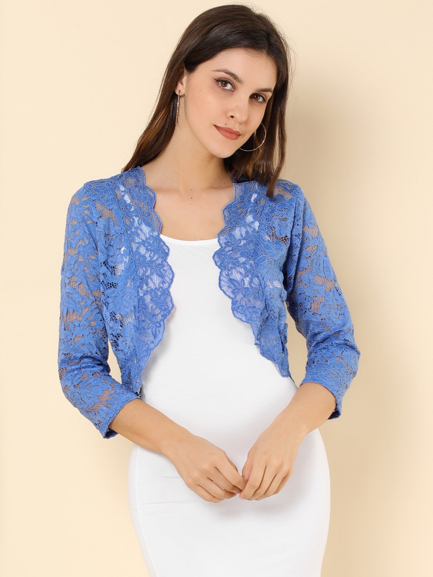 Lace 3/4 Sleeves Sheer Floral Cropped Bolero Shrug