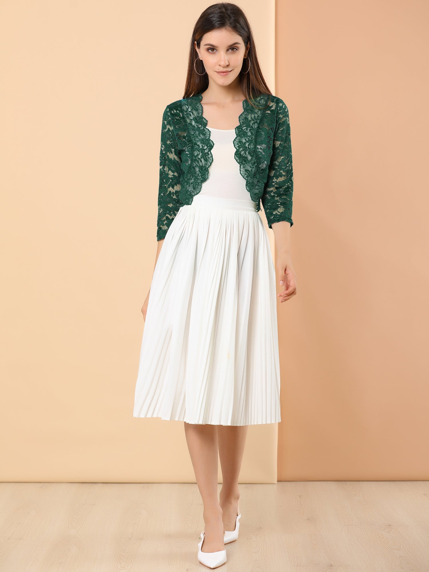 Lace 3/4 Sleeves Sheer Floral Cropped Bolero Shrug