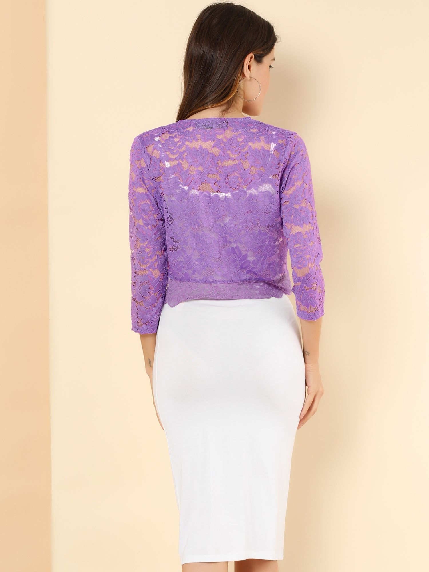 Lace 3/4 Sleeves Sheer Floral Cropped Bolero Shrug