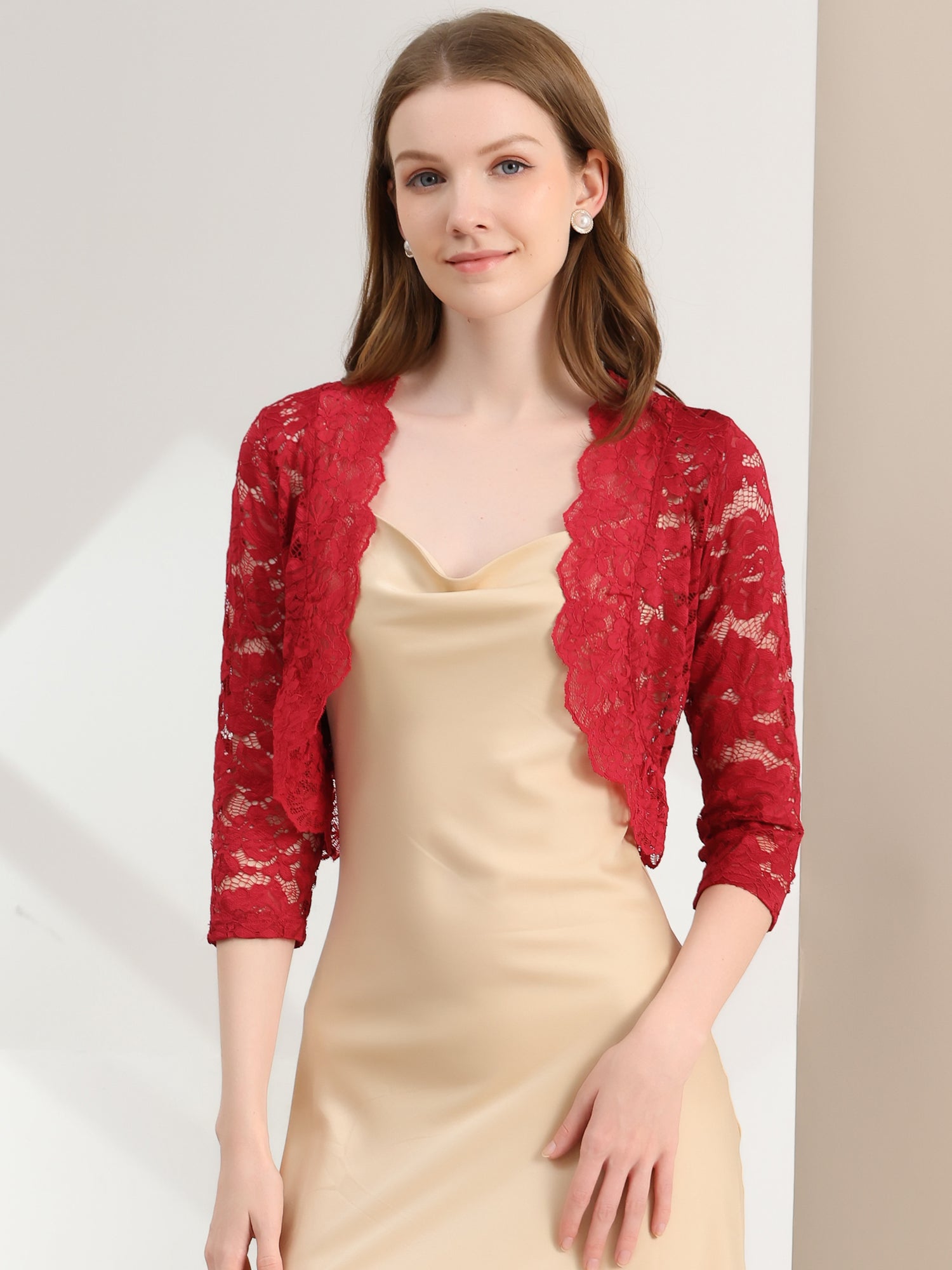 Lace 3/4 Sleeves Sheer Floral Cropped Bolero Shrug