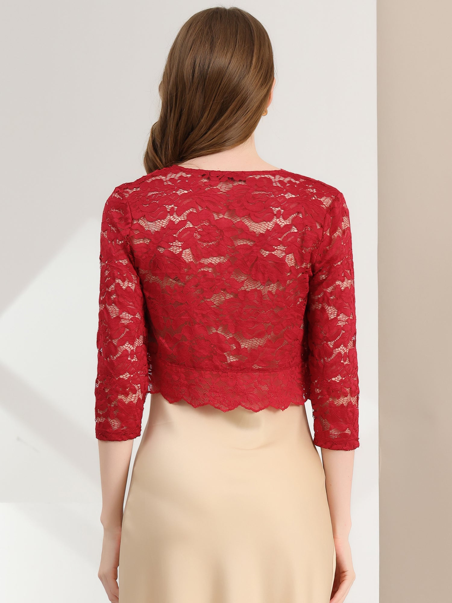 Lace 3/4 Sleeves Sheer Floral Cropped Bolero Shrug