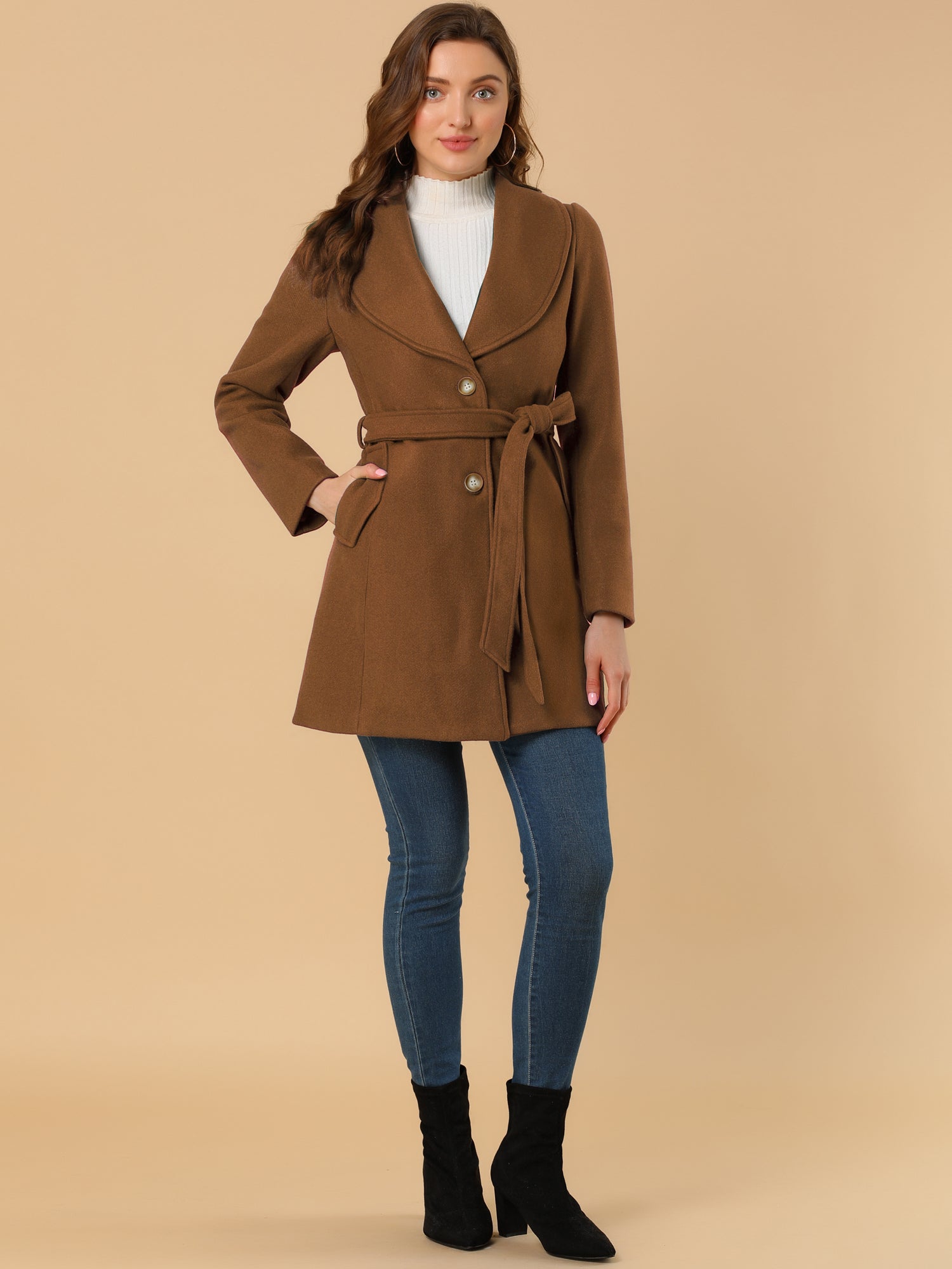 Shawl Collar Single Breasted Winter Long Belted Coat