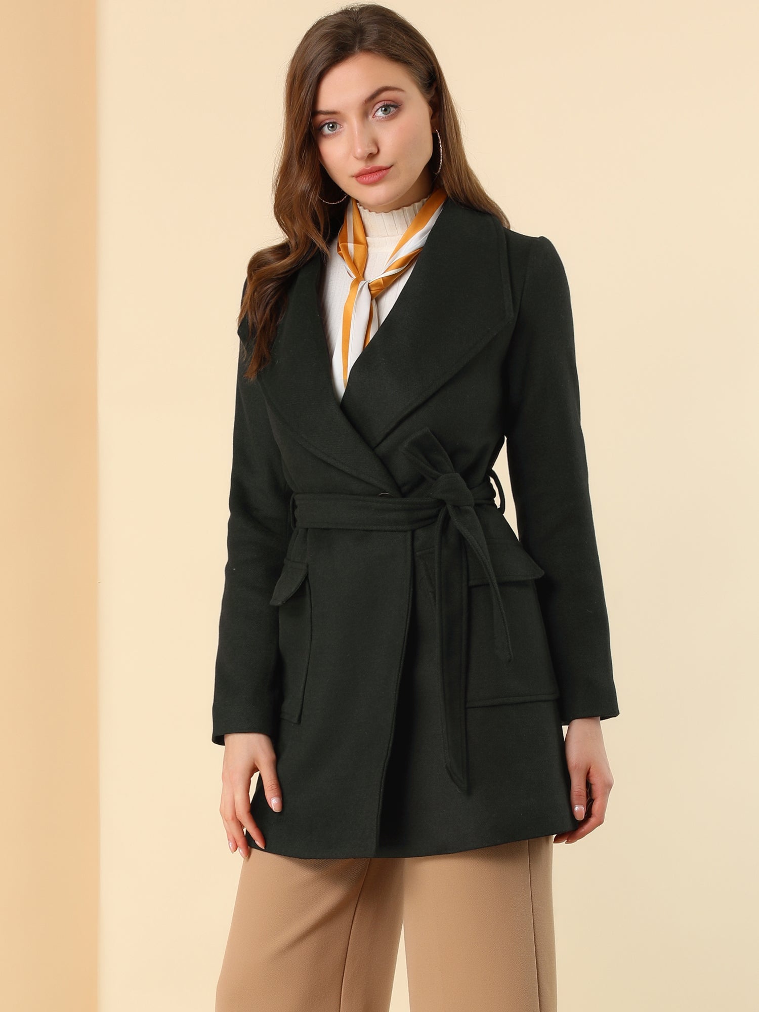 Shawl Collar Lapel Double Breasted Winter Belted Coat with Pockets