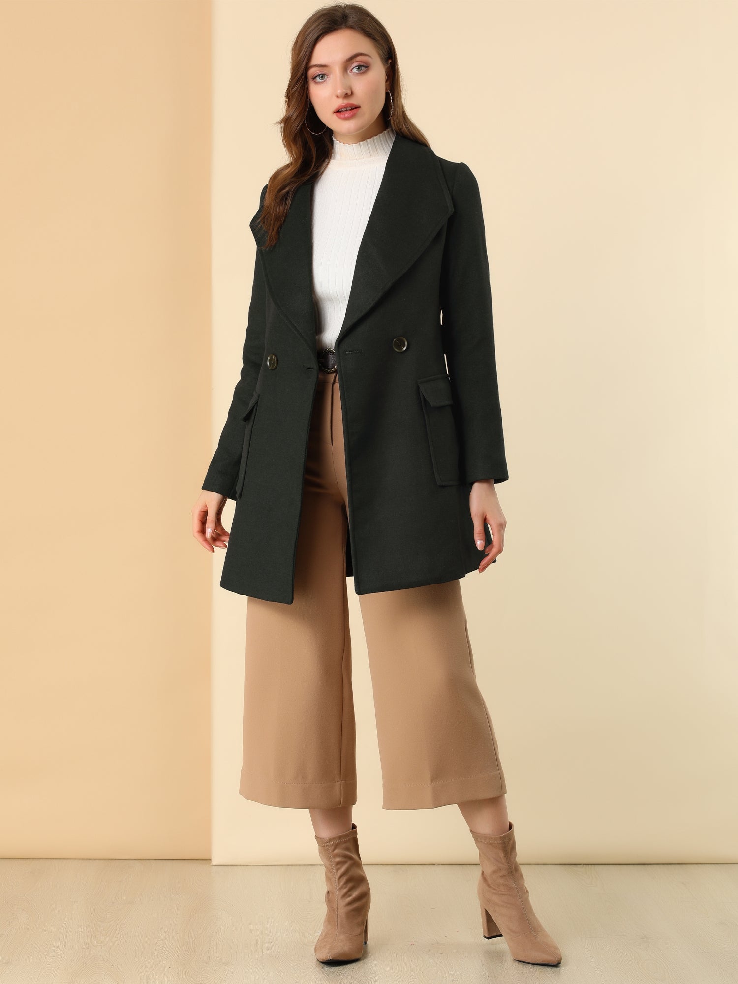 Shawl Collar Lapel Double Breasted Winter Belted Coat with Pockets
