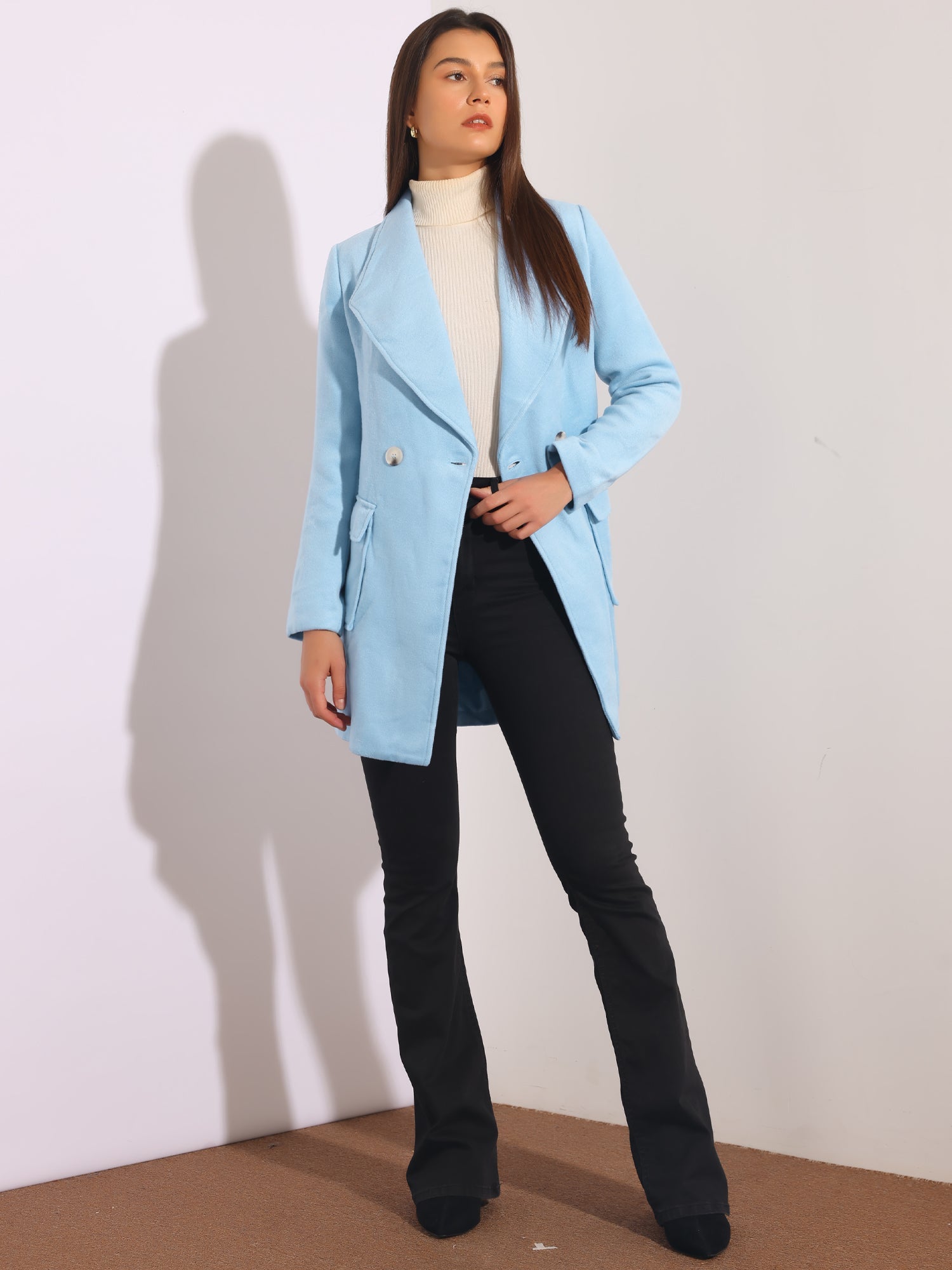Shawl Collar Lapel Double Breasted Winter Belted Coat with Pockets