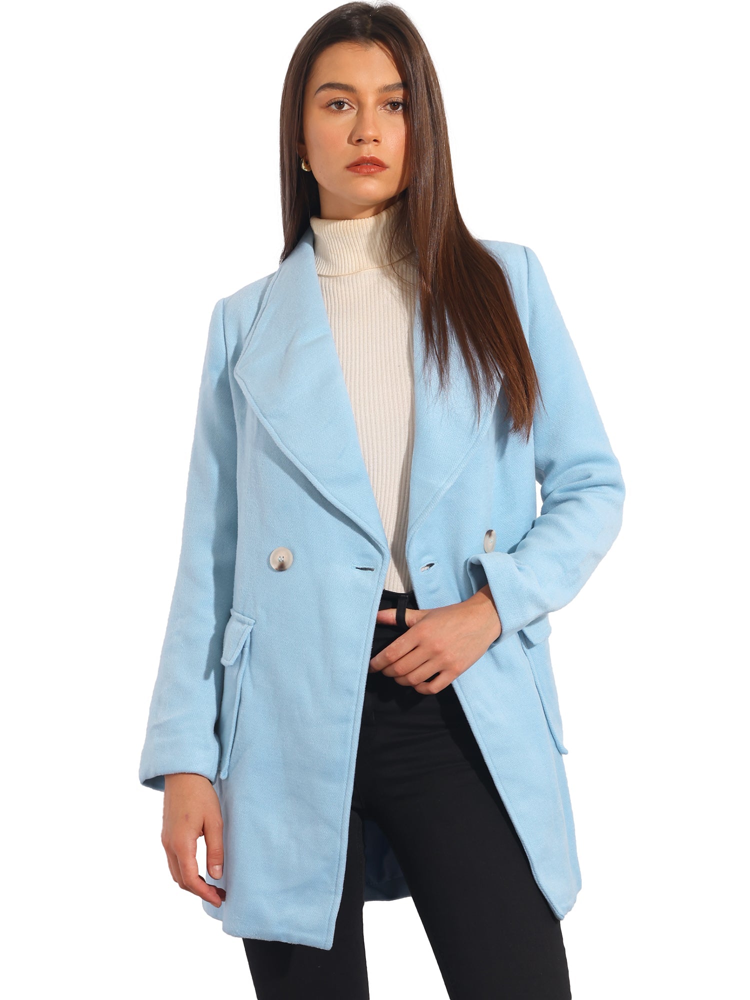Shawl Collar Lapel Double Breasted Winter Belted Coat with Pockets