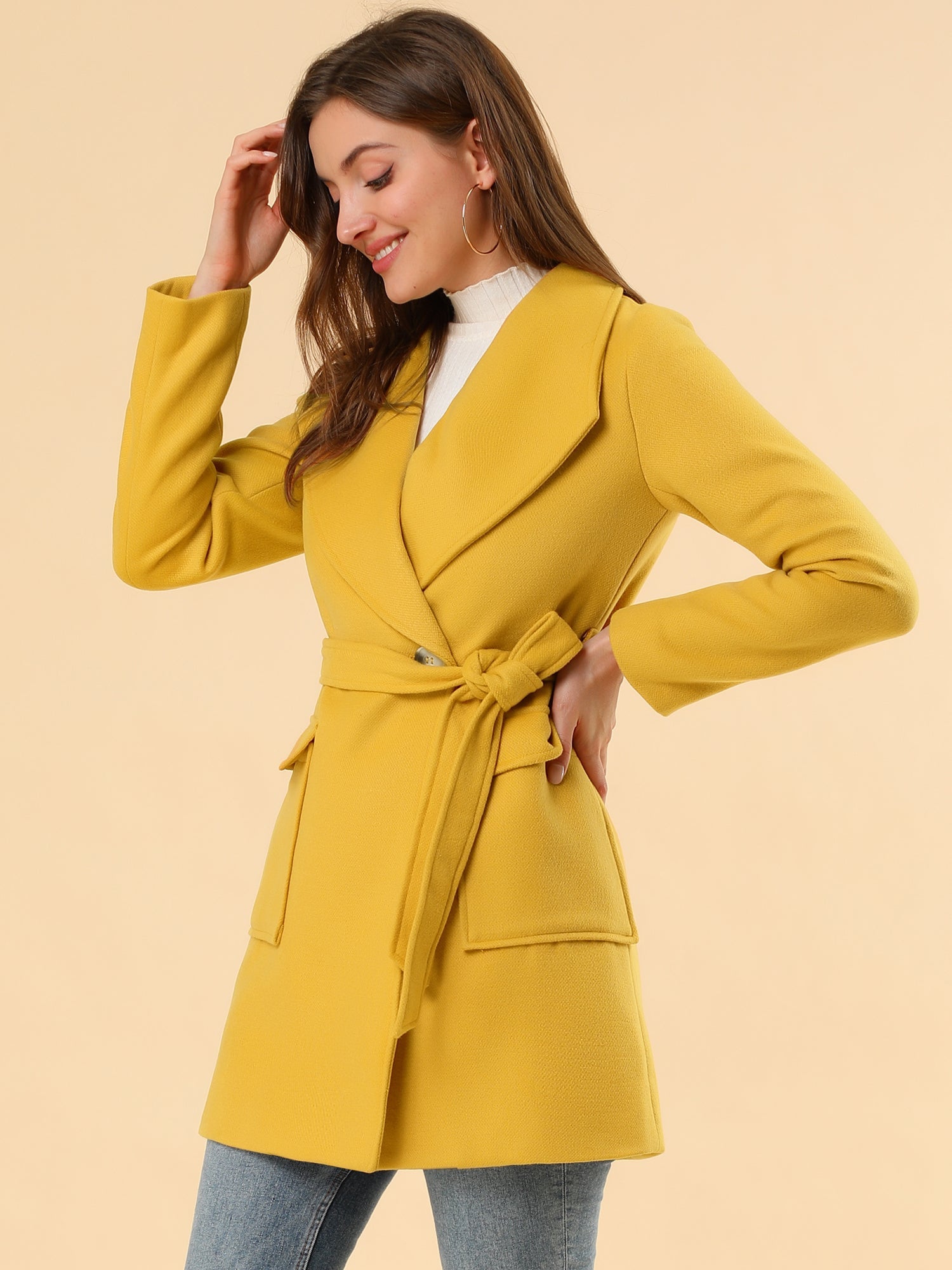 Shawl Collar Lapel Double Breasted Winter Belted Coat with Pockets