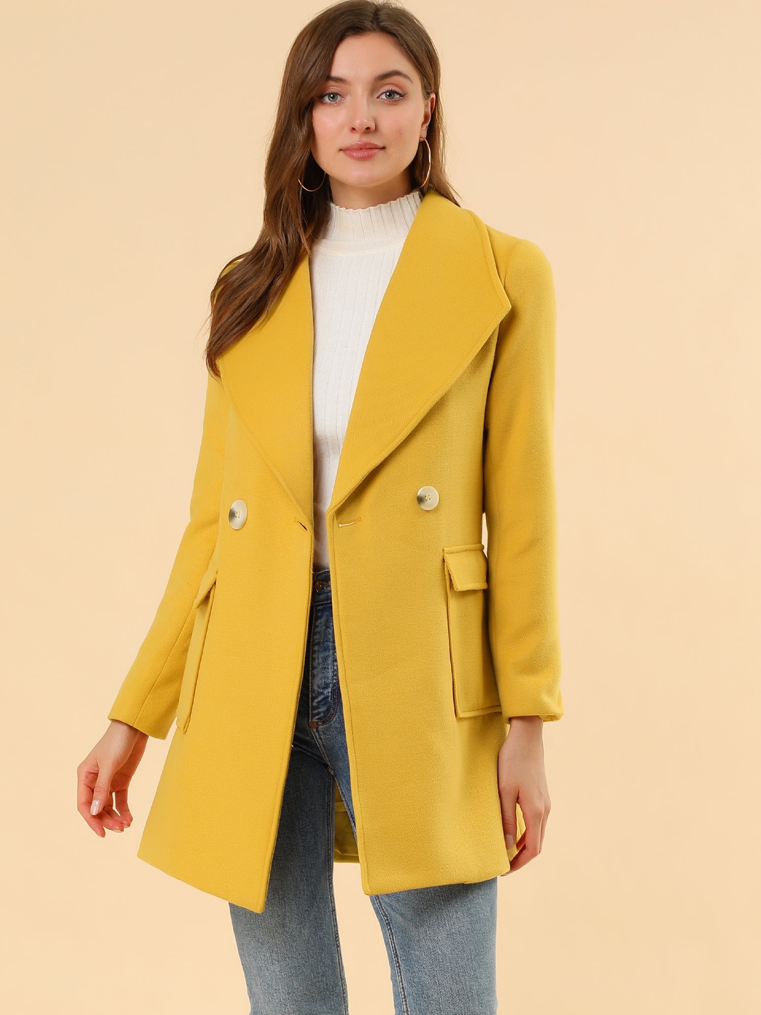 Shawl Collar Lapel Double Breasted Winter Belted Coat with Pockets