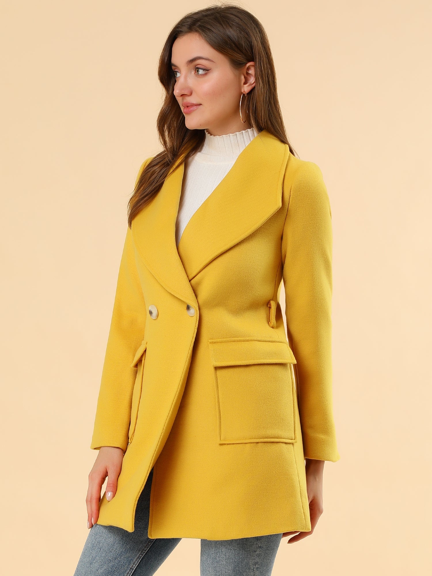 Shawl Collar Lapel Double Breasted Winter Belted Coat with Pockets