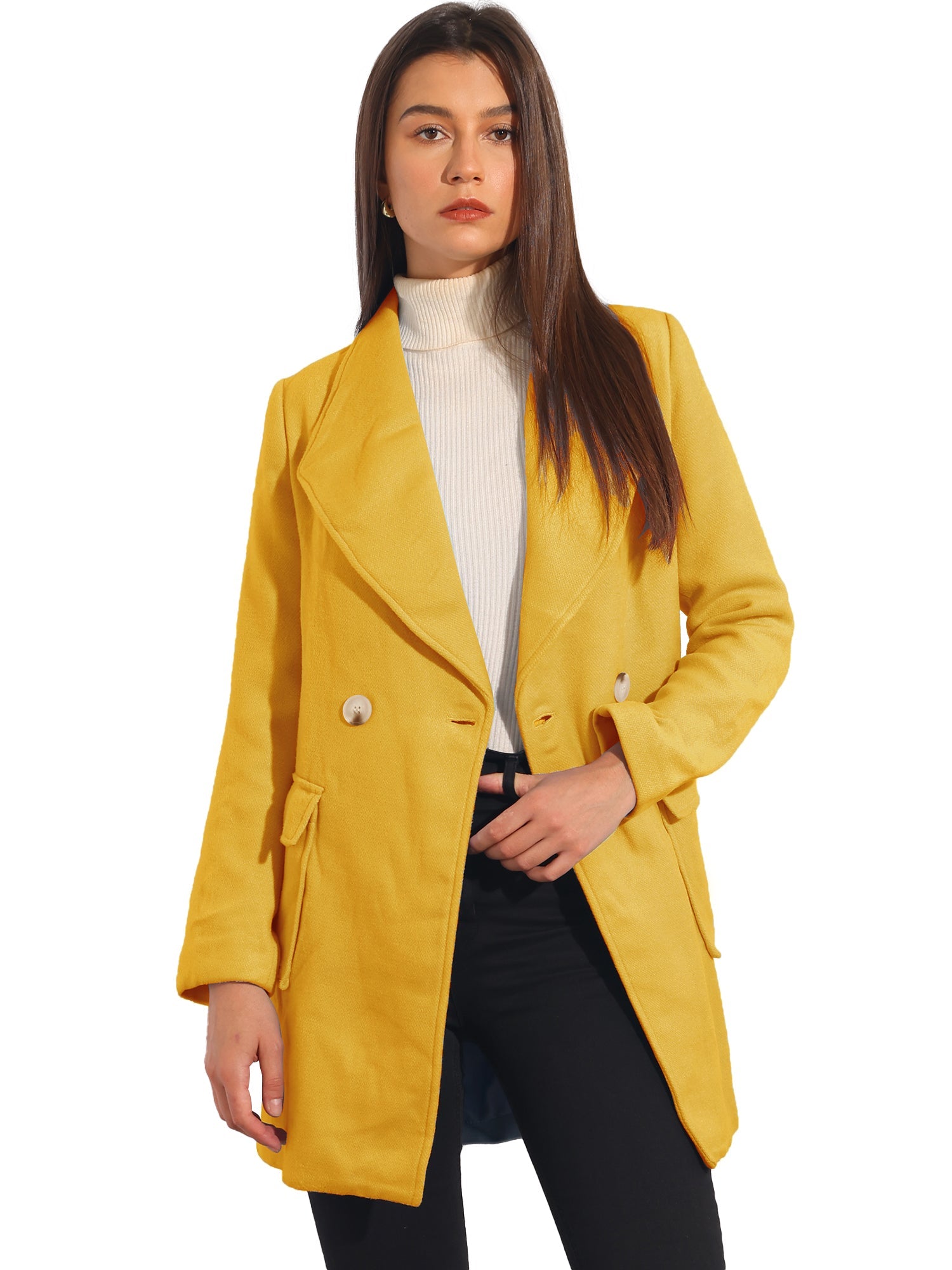 Shawl Collar Lapel Double Breasted Winter Belted Coat with Pockets