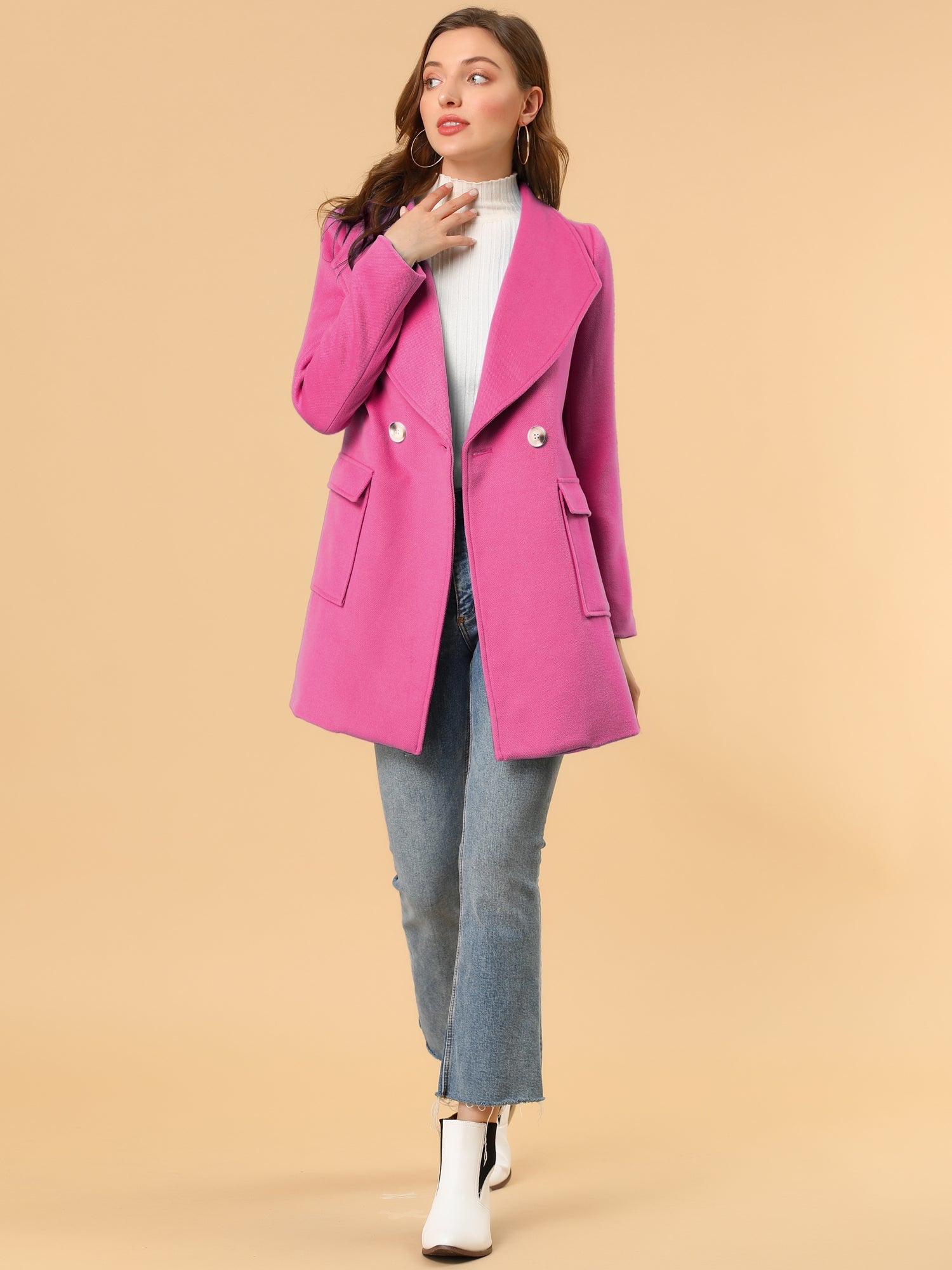 Shawl Collar Lapel Double Breasted Winter Belted Coat with Pockets