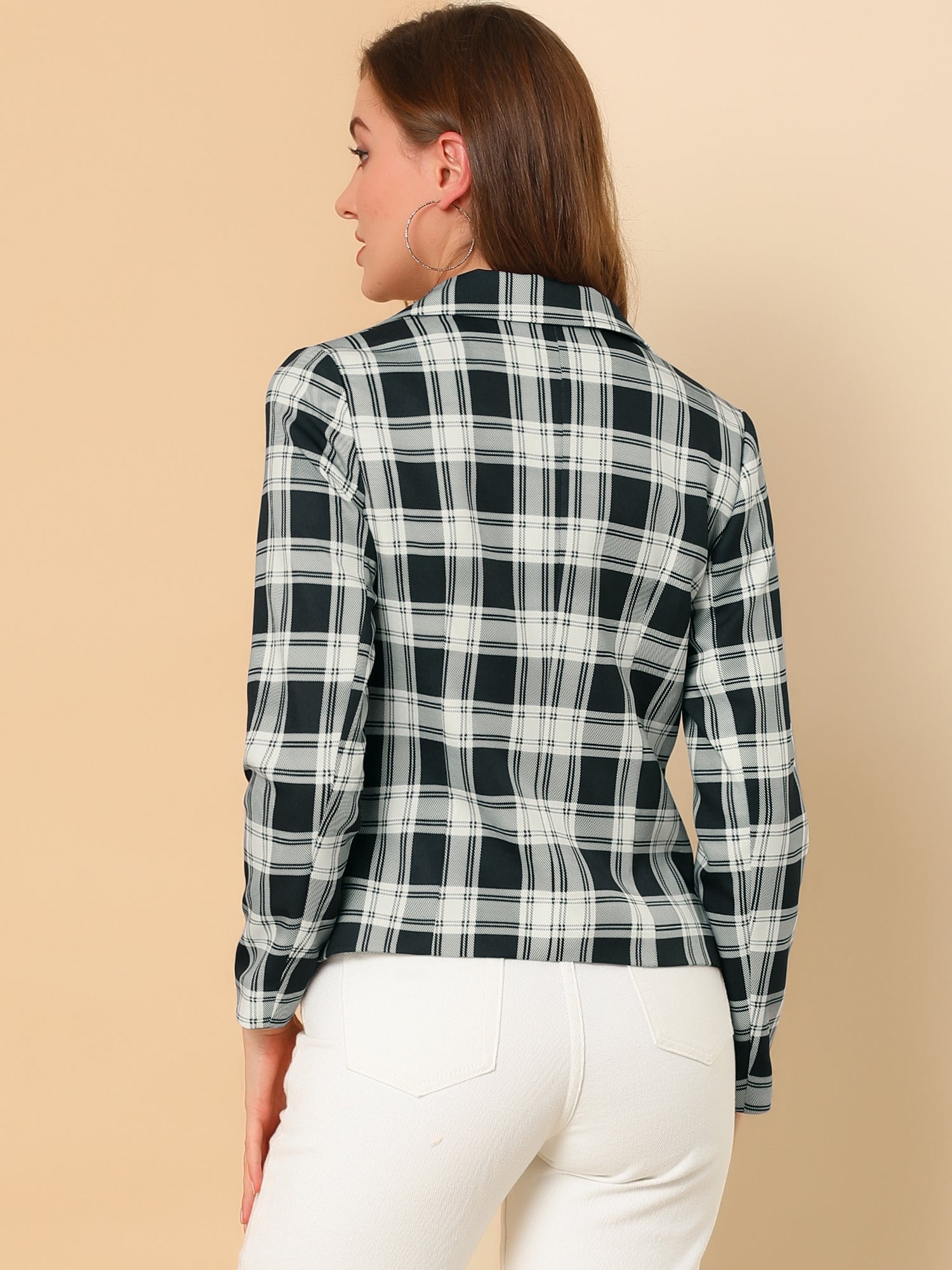 Business Casual Open Front Notch Lapel Plaid Suit Blazer