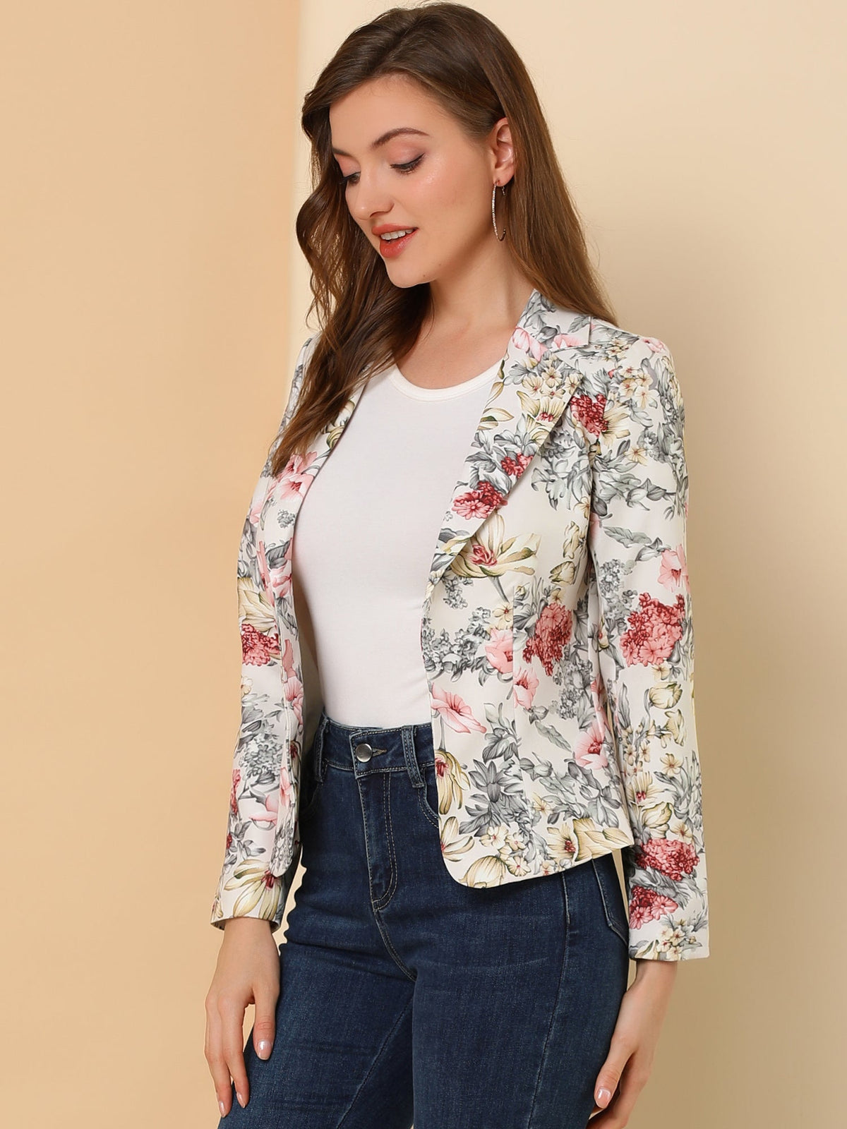 Open Front Notch Lapel Floral Business Casual Suit Blazer