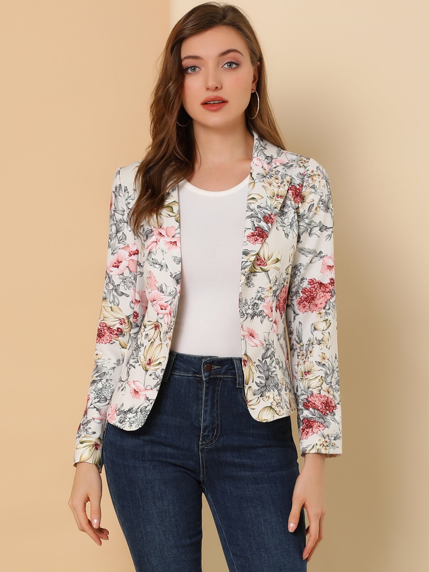 Open Front Notch Lapel Floral Business Casual Suit Blazer