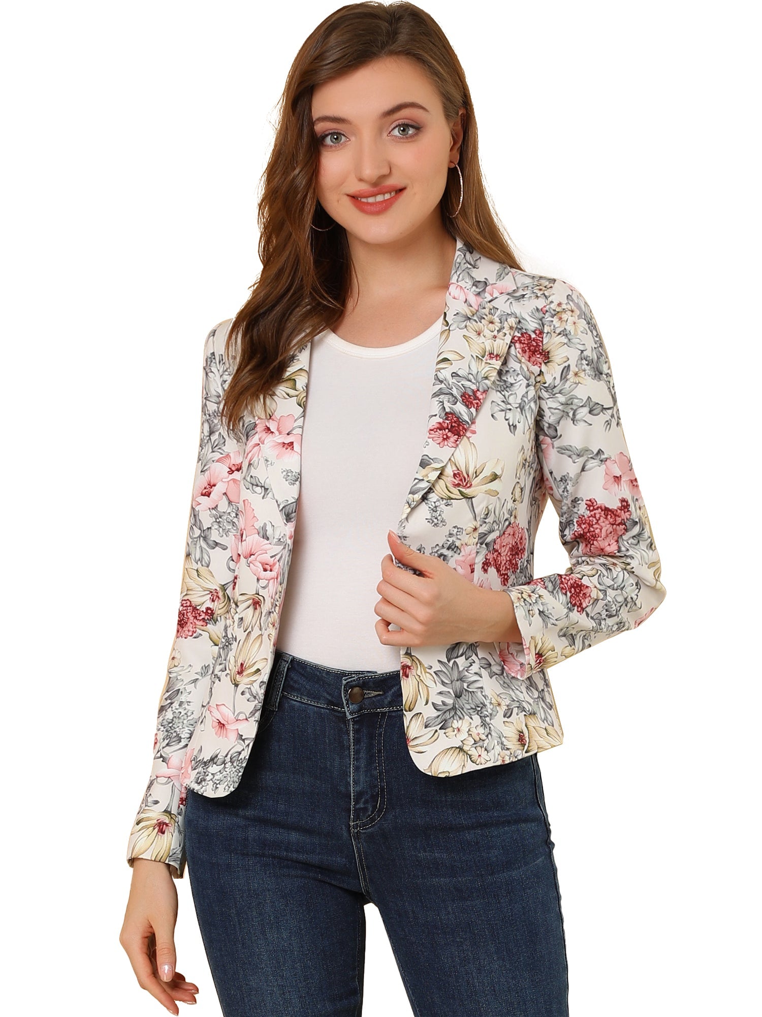 Open Front Notch Lapel Floral Business Casual Suit Blazer