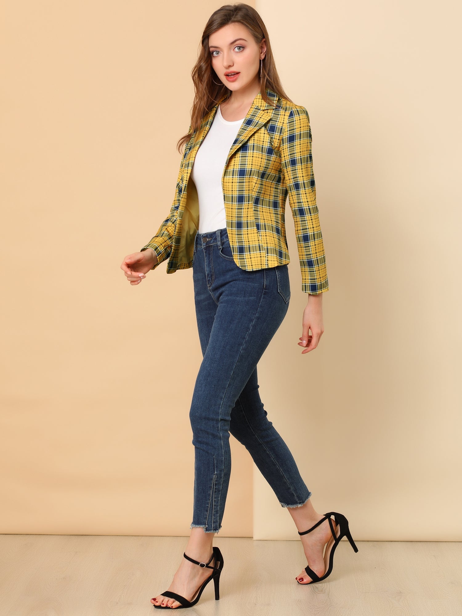 Business Casual Open Front Notch Lapel Plaid Suit Blazer